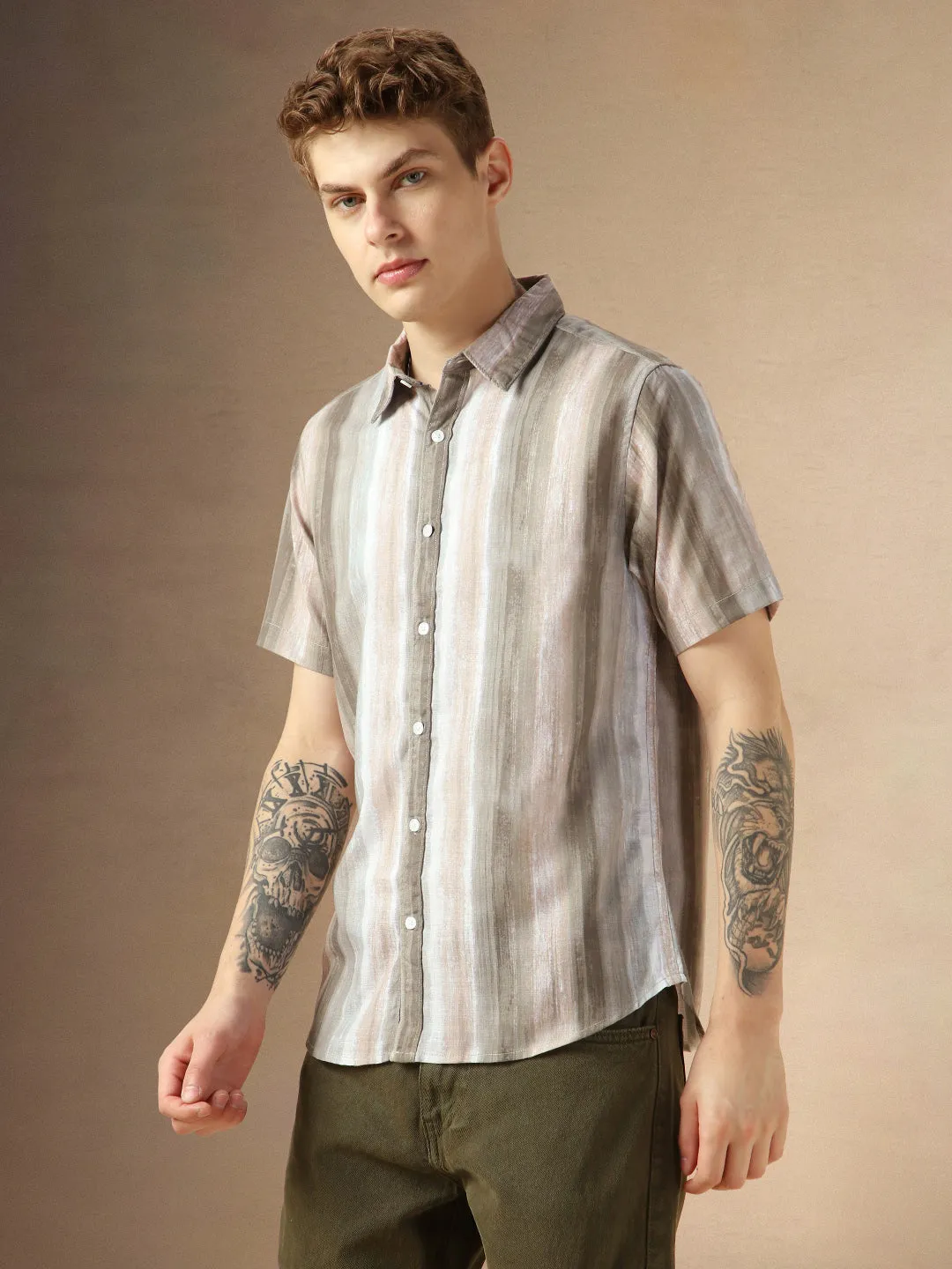 Men's Brown Cotton Spread Collar Half Sleeves Printed Shirt