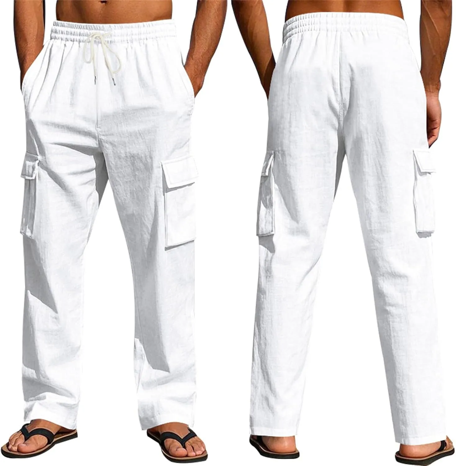 Mens Cargo Pants Lightweight Comfy Elastic Waist Linen Pants Casual Summer Yoga Work Pants Beach Outfits with Pockets