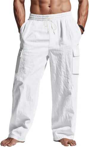 Mens Cargo Pants Lightweight Comfy Elastic Waist Linen Pants Casual Summer Yoga Work Pants Beach Outfits with Pockets