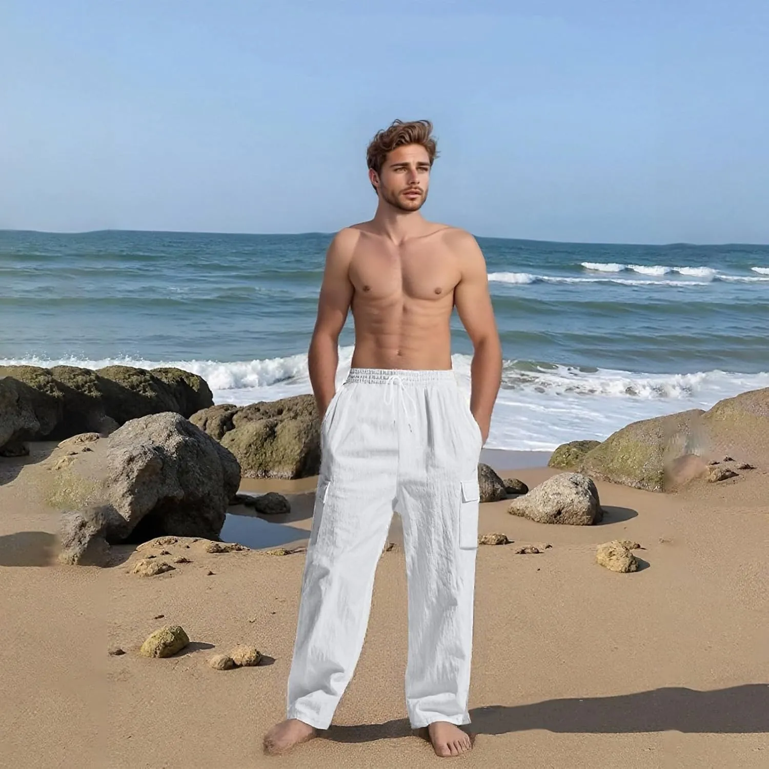 Mens Cargo Pants Lightweight Comfy Elastic Waist Linen Pants Casual Summer Yoga Work Pants Beach Outfits with Pockets