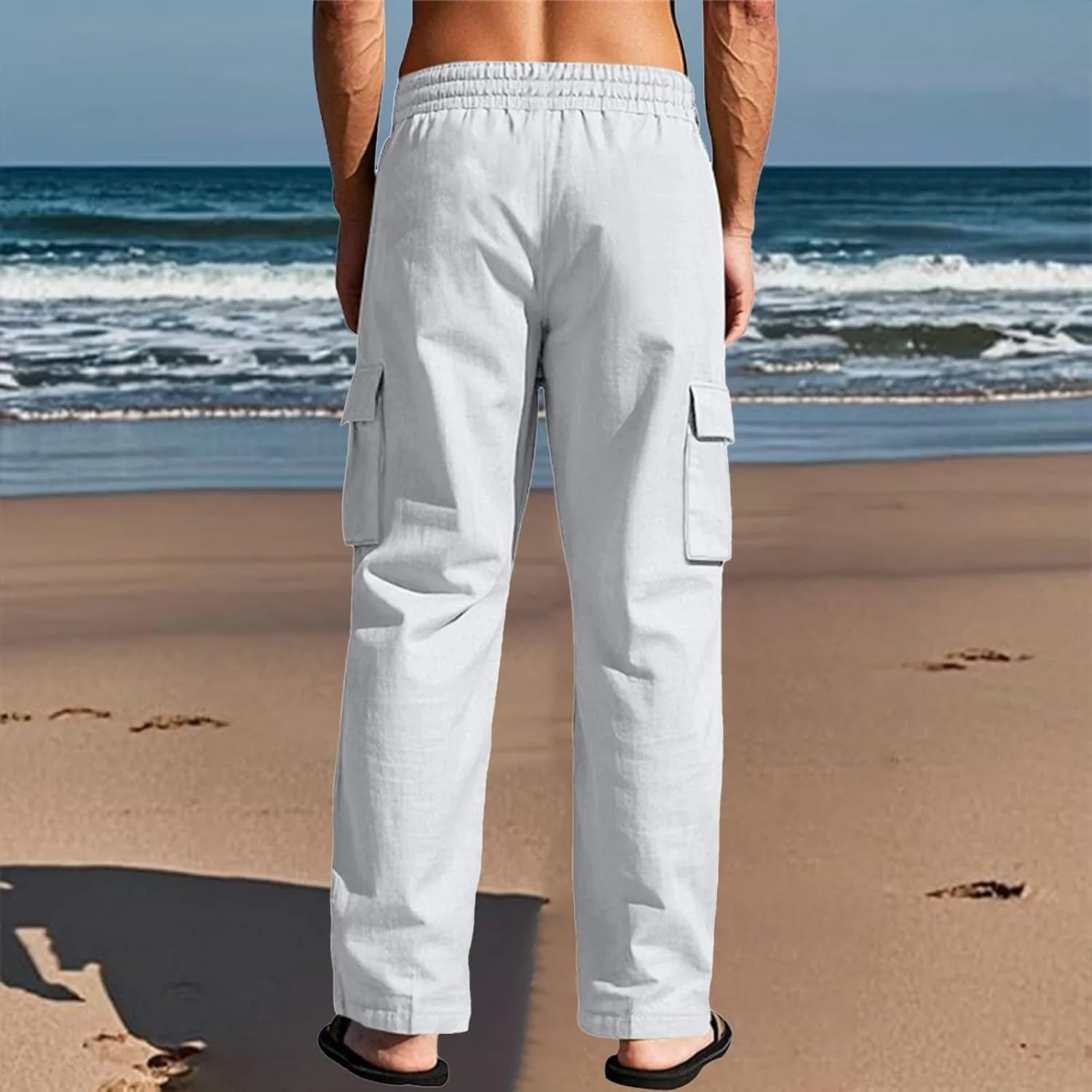 Mens Cargo Pants Lightweight Comfy Elastic Waist Linen Pants Casual Summer Yoga Work Pants Beach Outfits with Pockets