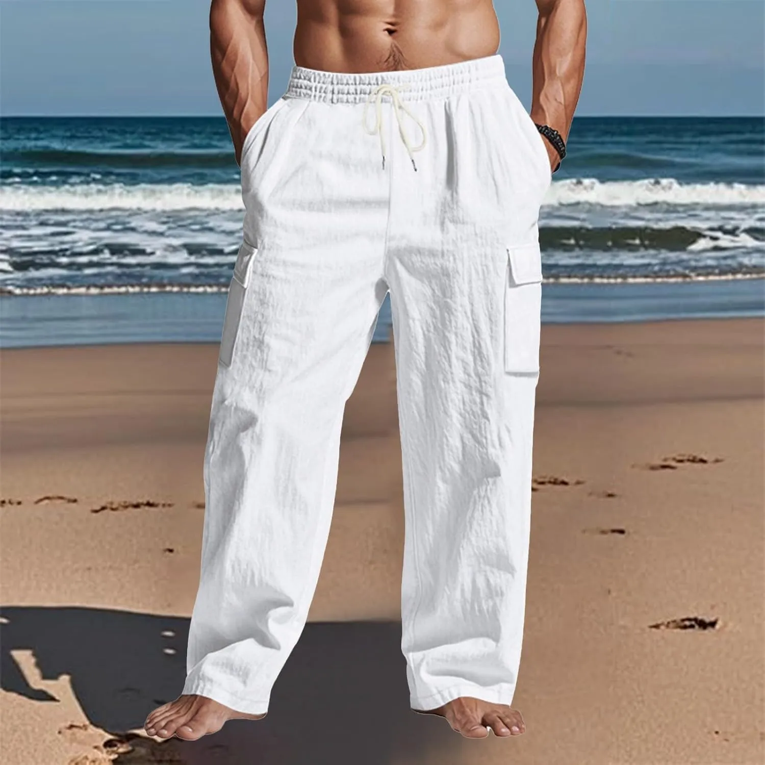 Mens Cargo Pants Lightweight Comfy Elastic Waist Linen Pants Casual Summer Yoga Work Pants Beach Outfits with Pockets