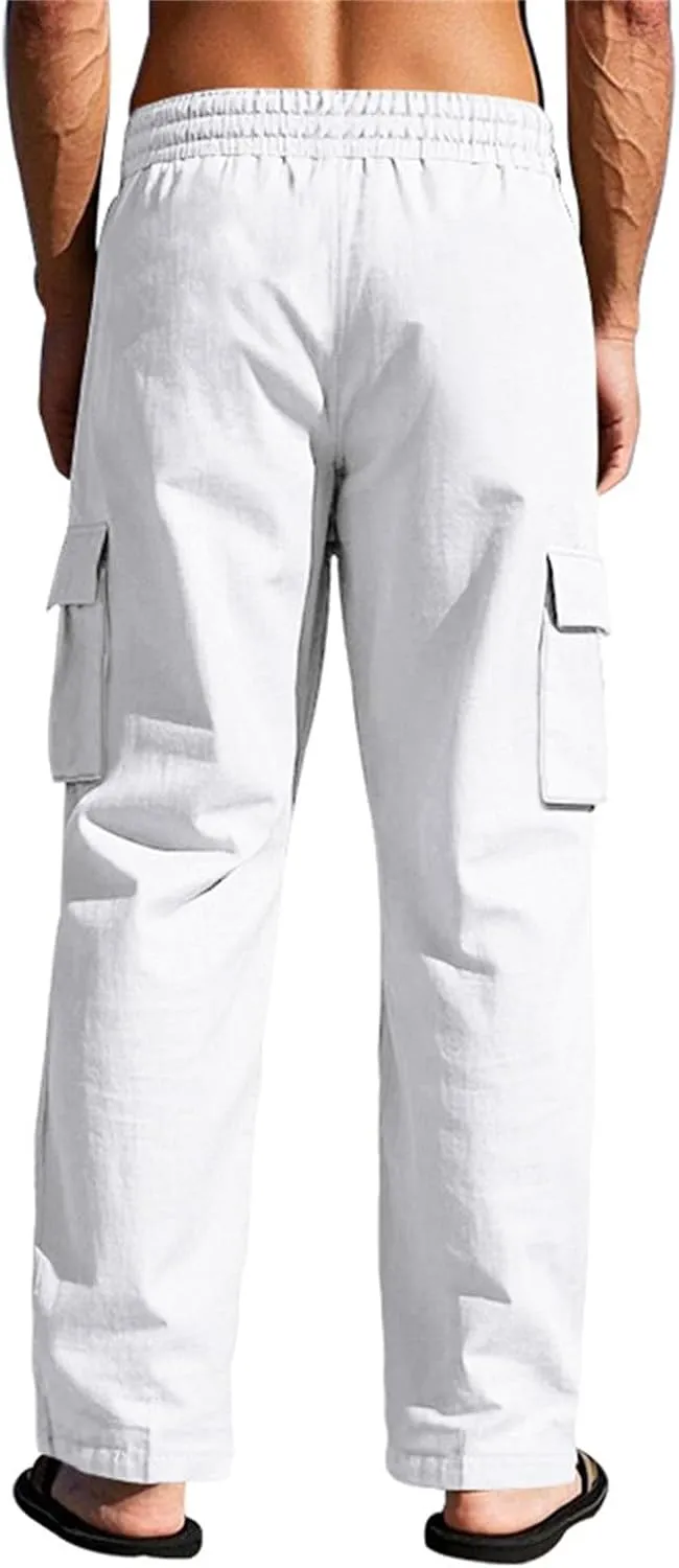 Mens Cargo Pants Lightweight Comfy Elastic Waist Linen Pants Casual Summer Yoga Work Pants Beach Outfits with Pockets