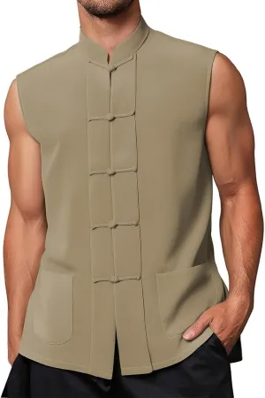 Mens Chinese Waistcoat Sleeveless Vest Jacket Vintage Kung Fu Shirt Uniform Tang Casual Suit Jacket Shirts