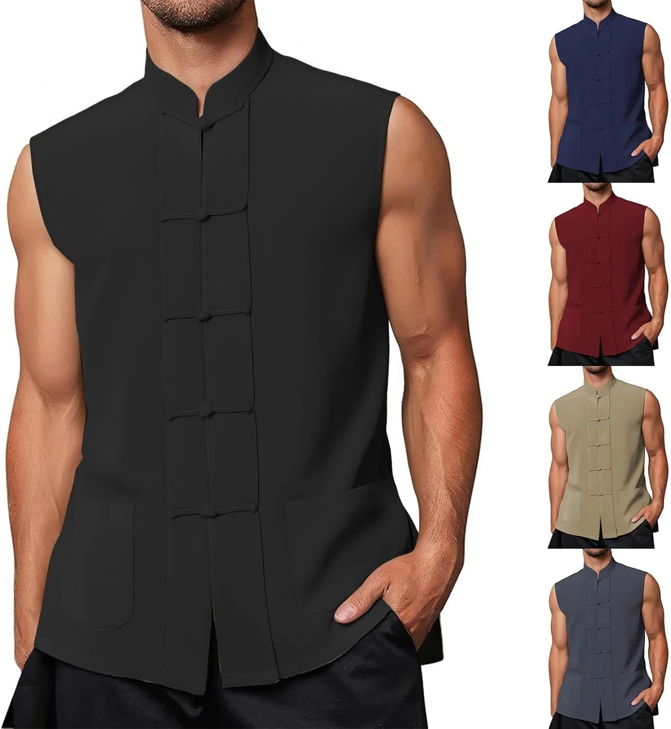 Mens Chinese Waistcoat Sleeveless Vest Jacket Vintage Kung Fu Shirt Uniform Tang Casual Suit Jacket Shirts