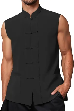 Mens Chinese Waistcoat Sleeveless Vest Jacket Vintage Kung Fu Shirt Uniform Tang Casual Suit Jacket Shirts