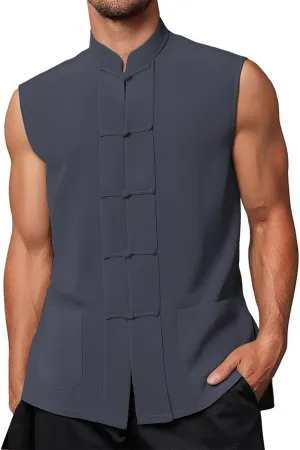 Mens Chinese Waistcoat Sleeveless Vest Jacket Vintage Kung Fu Shirt Uniform Tang Casual Suit Jacket Shirts