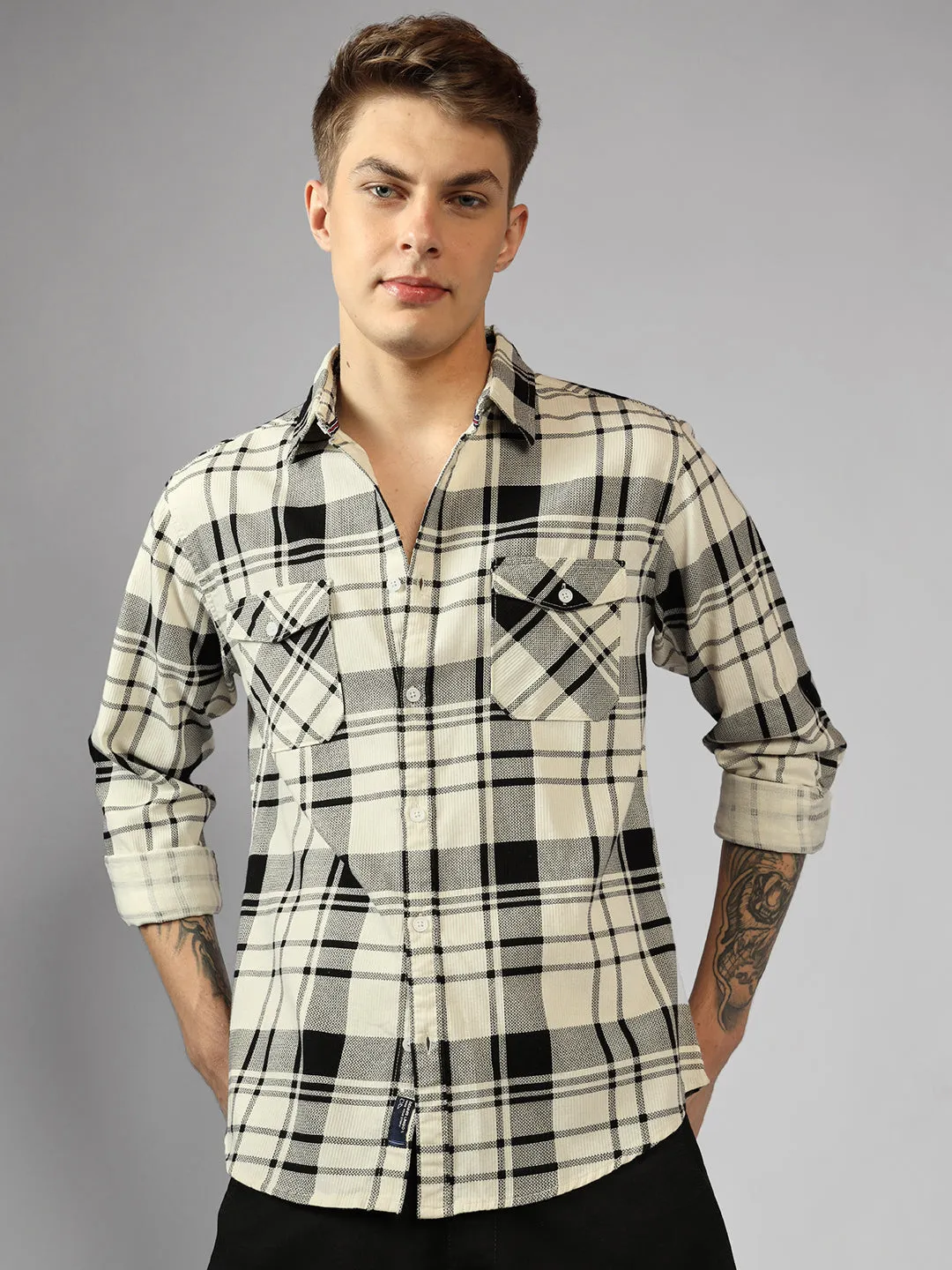 Men's Cream Tartan Checks Spread Collar Long Sleeves Relaxed Fit Casual Shirt
