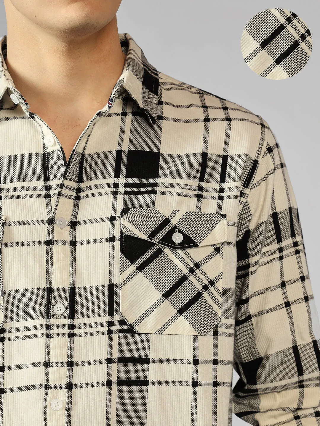 Men's Cream Tartan Checks Spread Collar Long Sleeves Relaxed Fit Casual Shirt