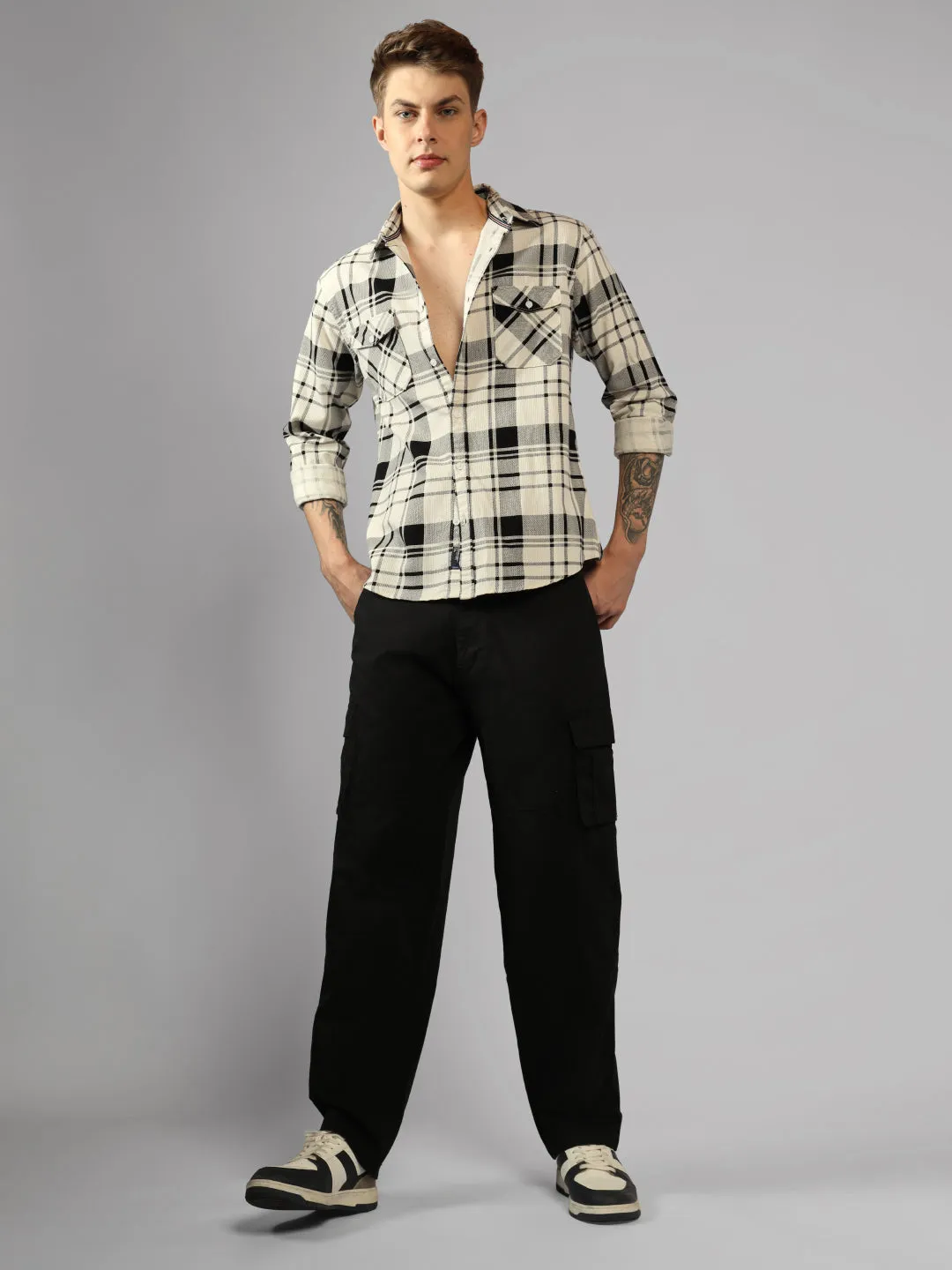 Men's Cream Tartan Checks Spread Collar Long Sleeves Relaxed Fit Casual Shirt