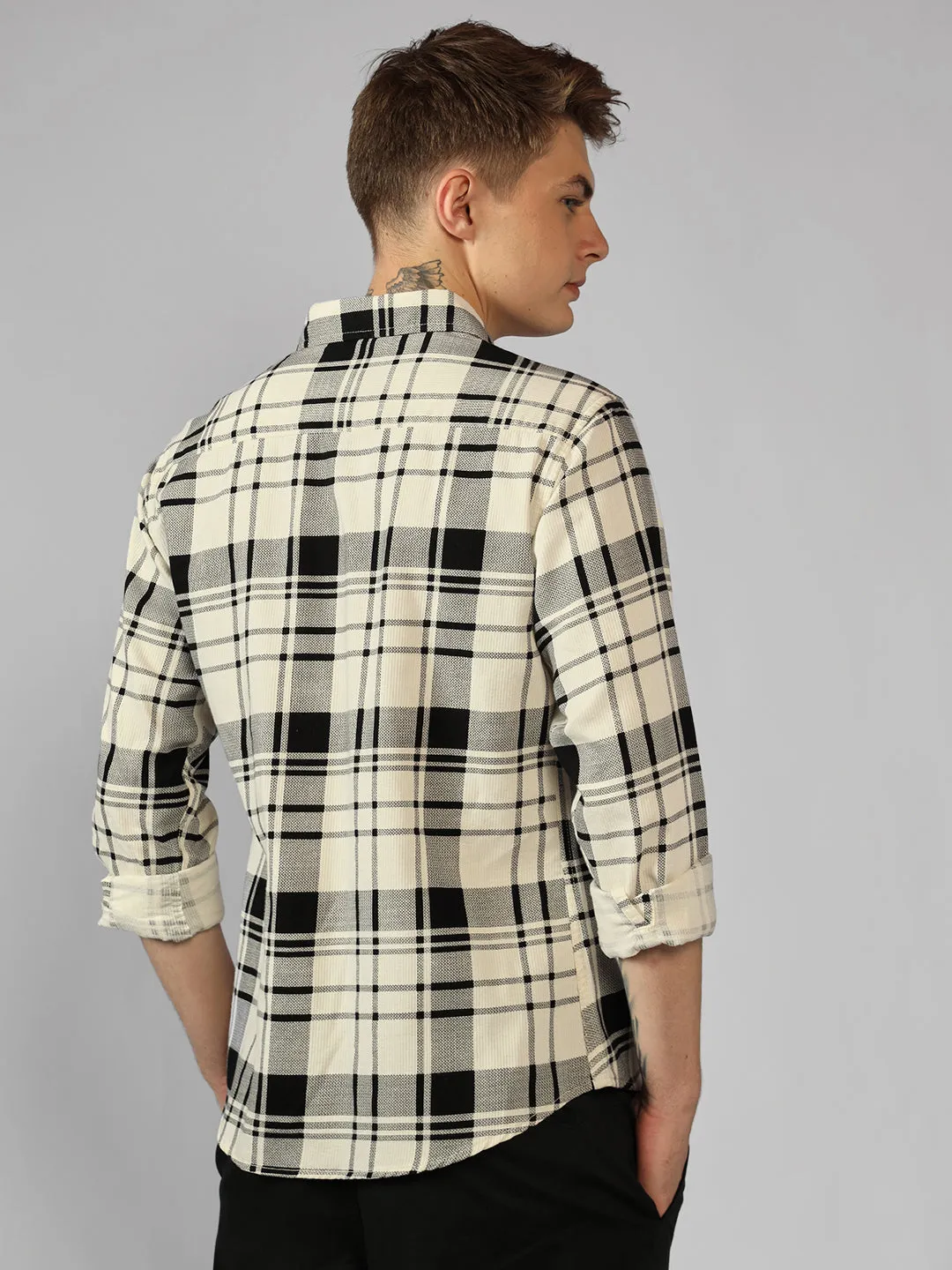 Men's Cream Tartan Checks Spread Collar Long Sleeves Relaxed Fit Casual Shirt