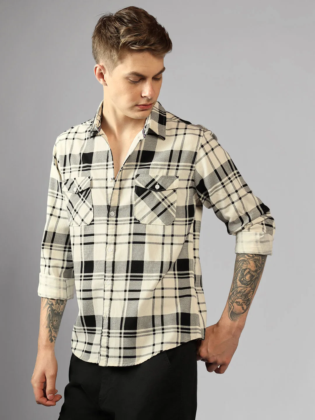 Men's Cream Tartan Checks Spread Collar Long Sleeves Relaxed Fit Casual Shirt