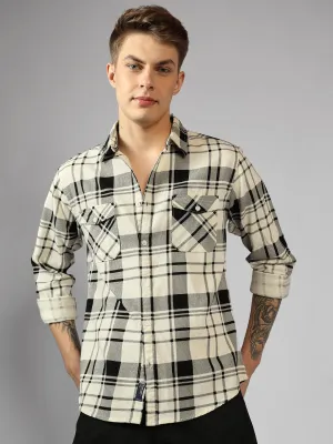 Men's Cream Tartan Checks Spread Collar Long Sleeves Relaxed Fit Casual Shirt