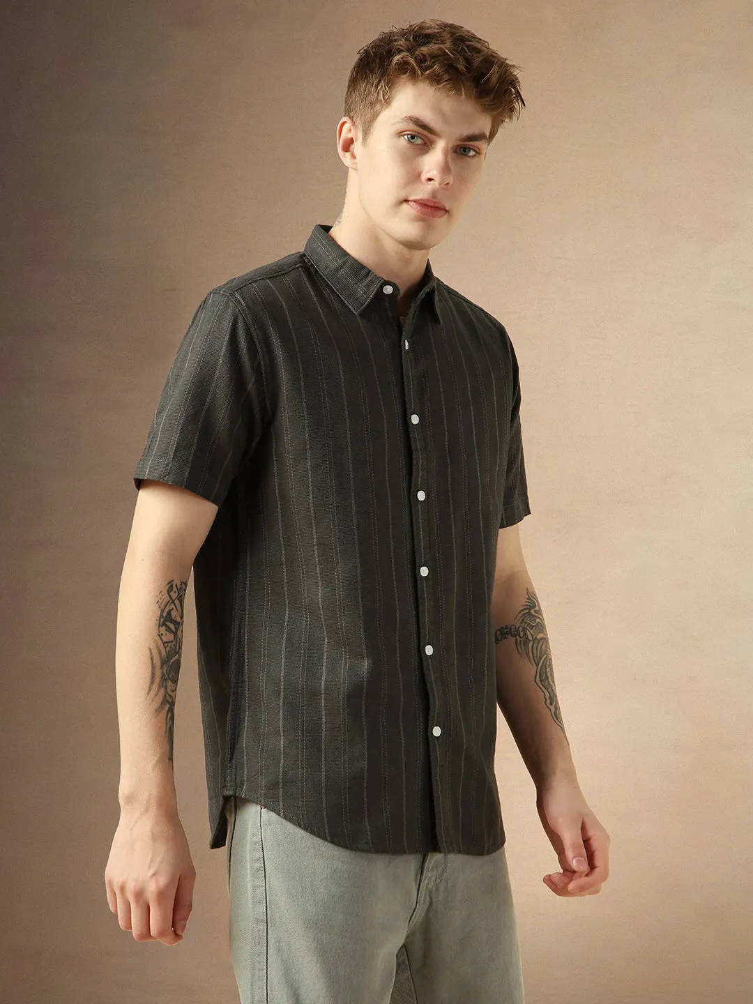 Men's Green Cotton Dobby Spread Collar Half Sleeves Striped Shirt