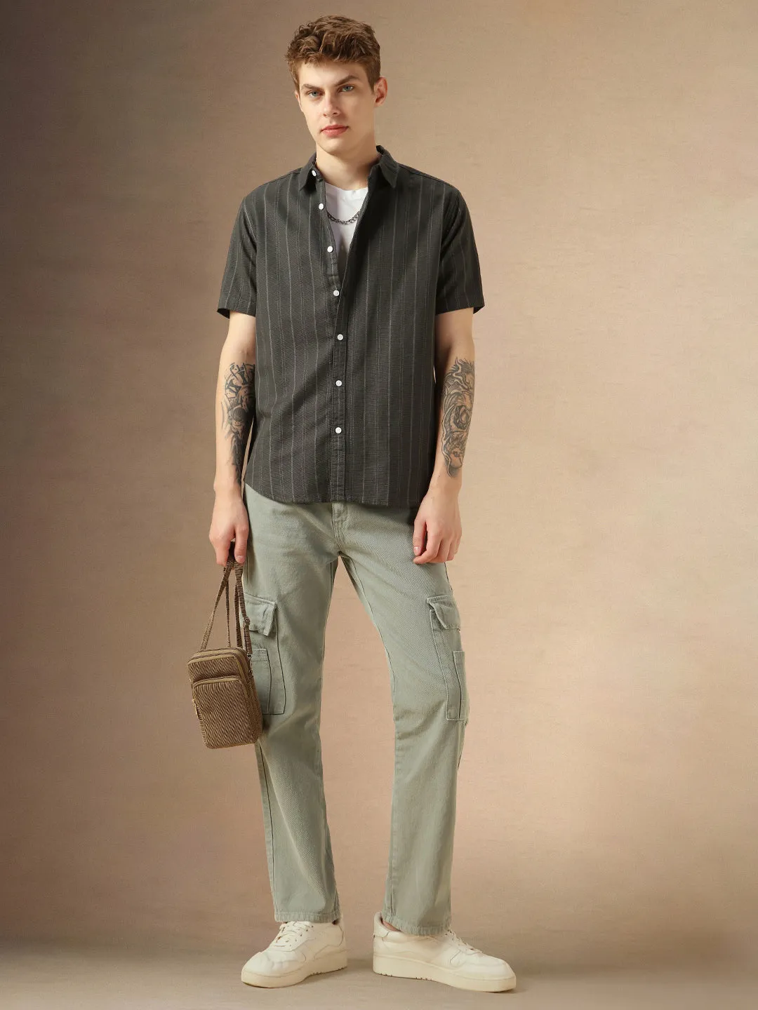 Men's Green Cotton Dobby Spread Collar Half Sleeves Striped Shirt