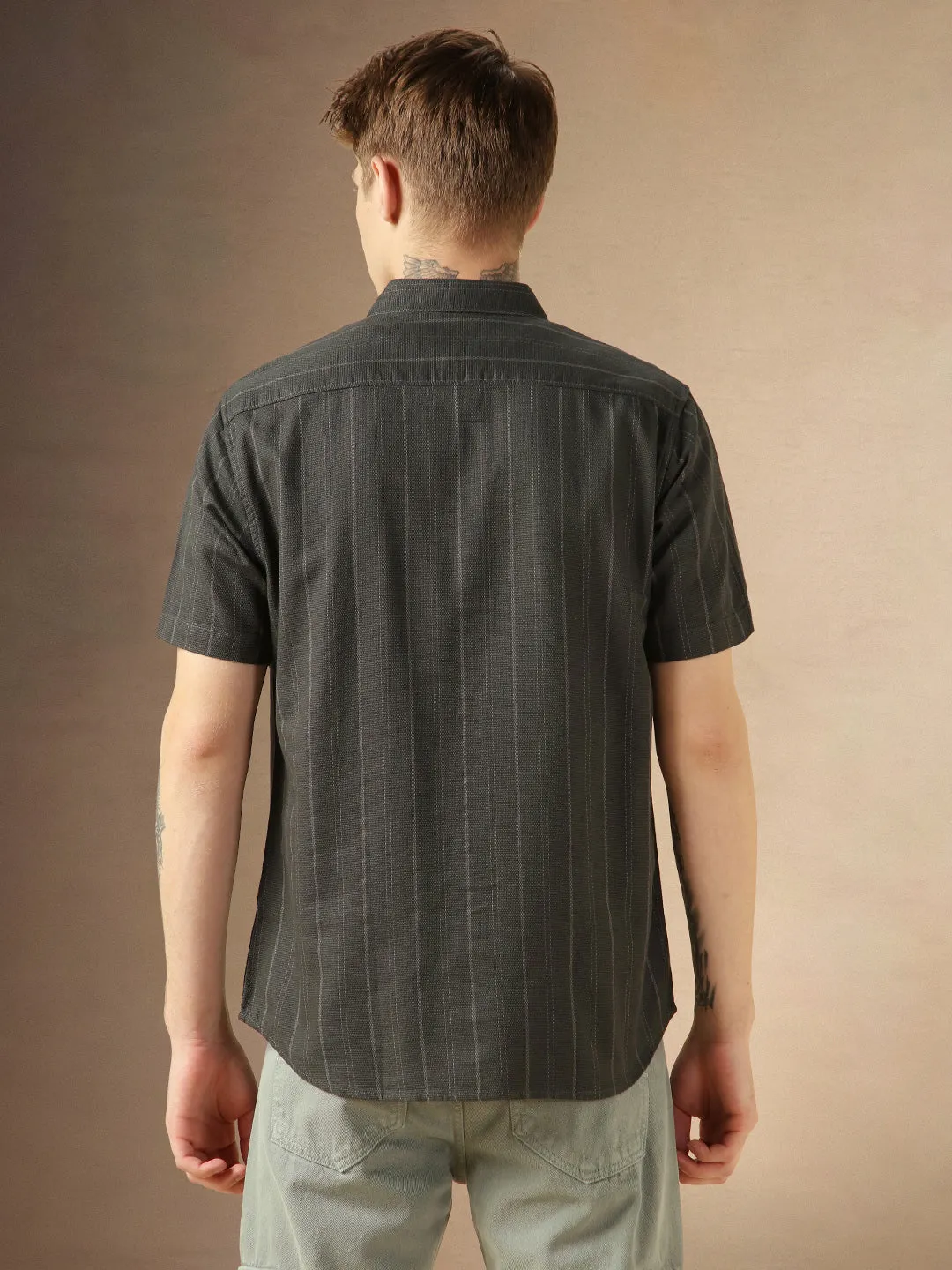 Men's Green Cotton Dobby Spread Collar Half Sleeves Striped Shirt