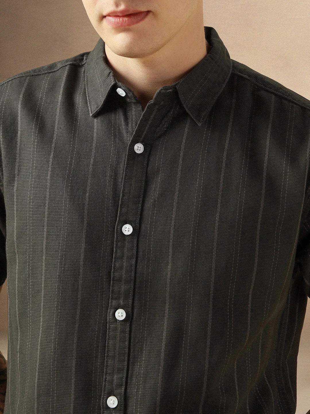 Men's Green Cotton Dobby Spread Collar Half Sleeves Striped Shirt