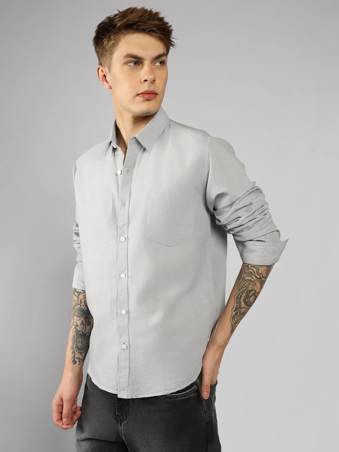 Men's Grey Solid Spread Collar Full Sleeve Regular Fit Shirt