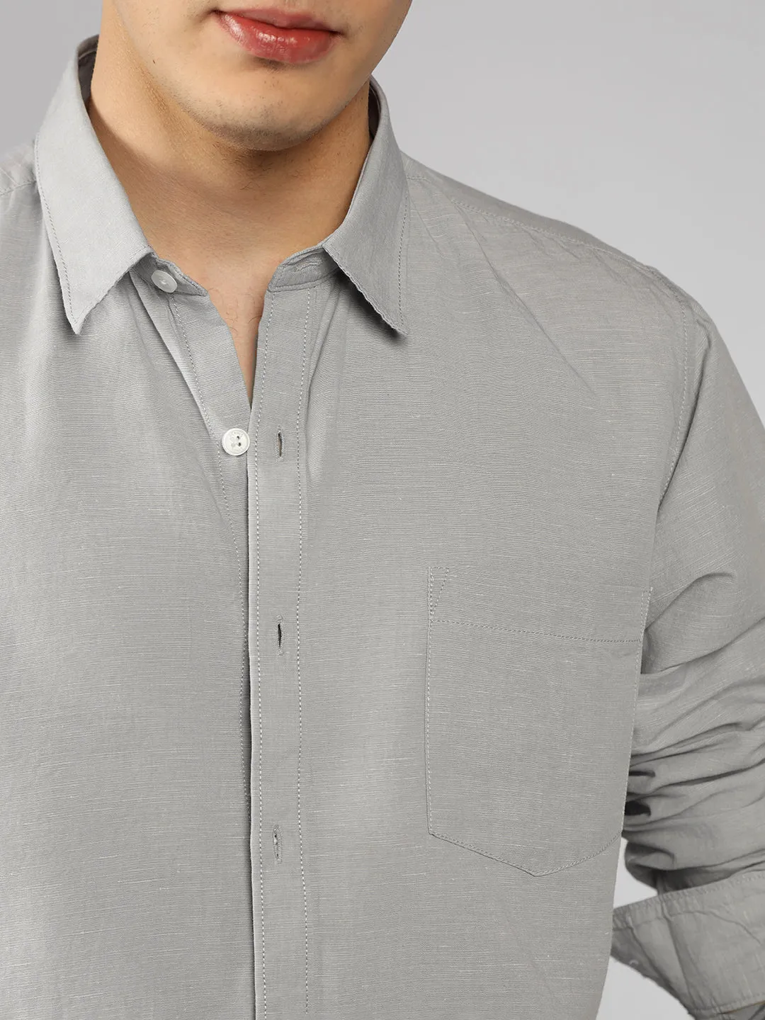 Men's Grey Solid Spread Collar Full Sleeve Regular Fit Shirt