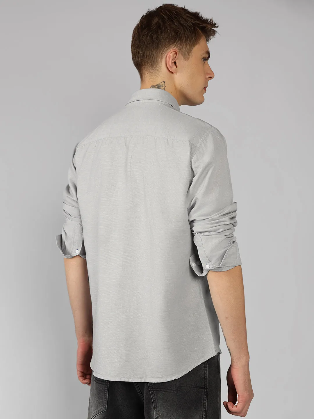Men's Grey Solid Spread Collar Full Sleeve Regular Fit Shirt