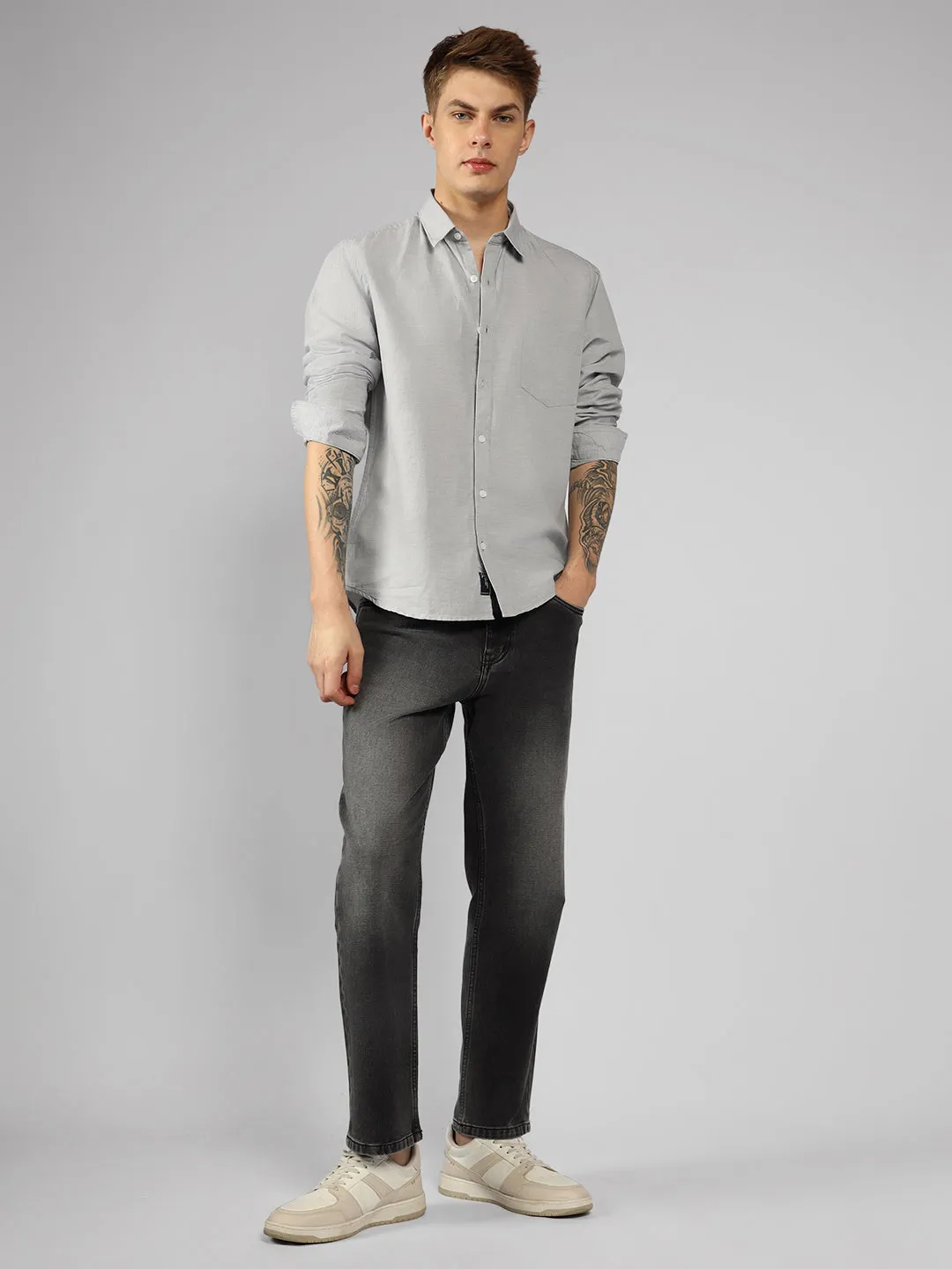 Men's Grey Solid Spread Collar Full Sleeve Regular Fit Shirt