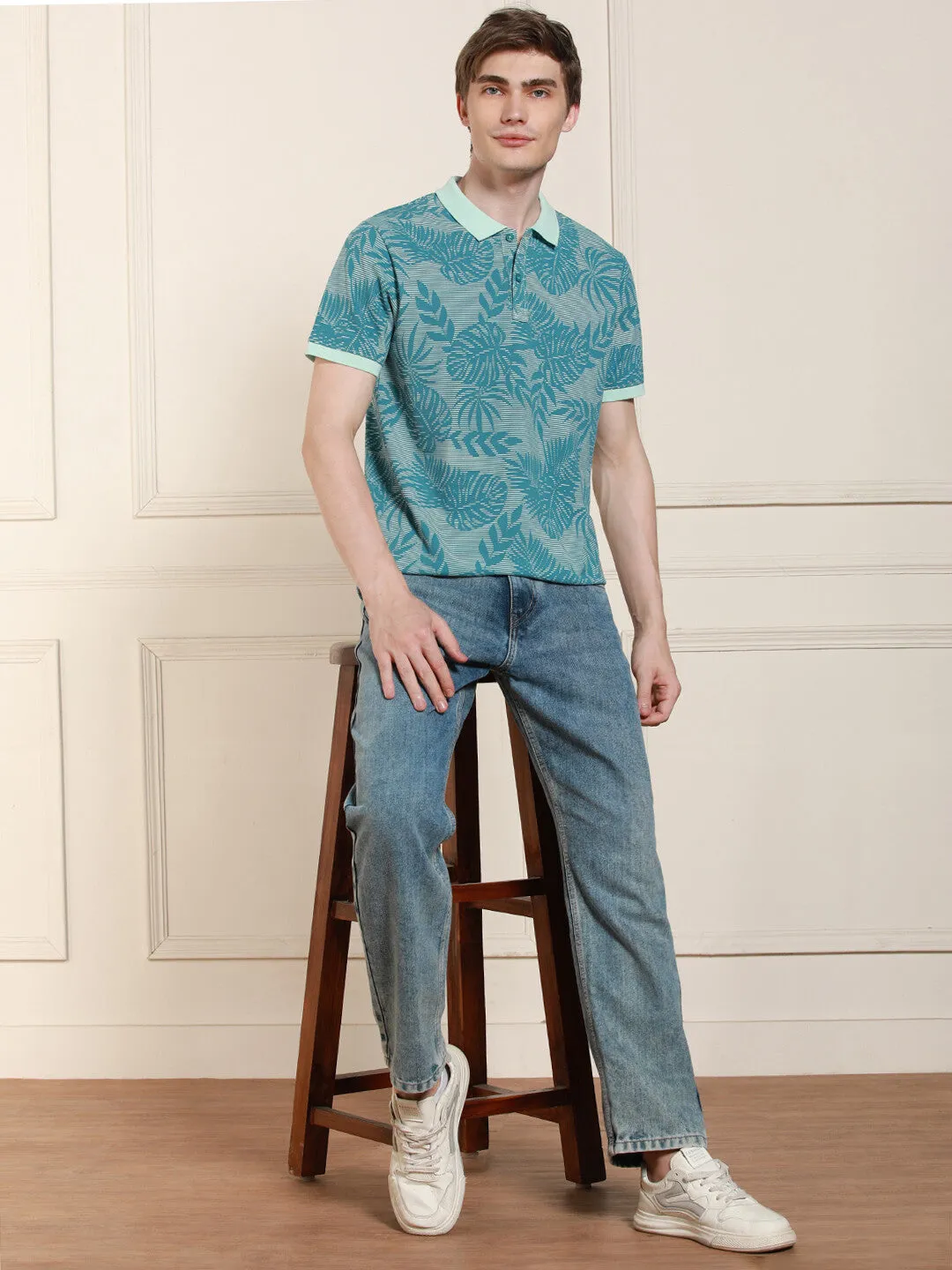 Men's Light Blue Printed  Polo Collar Half Sleeves Casual T-Shirt