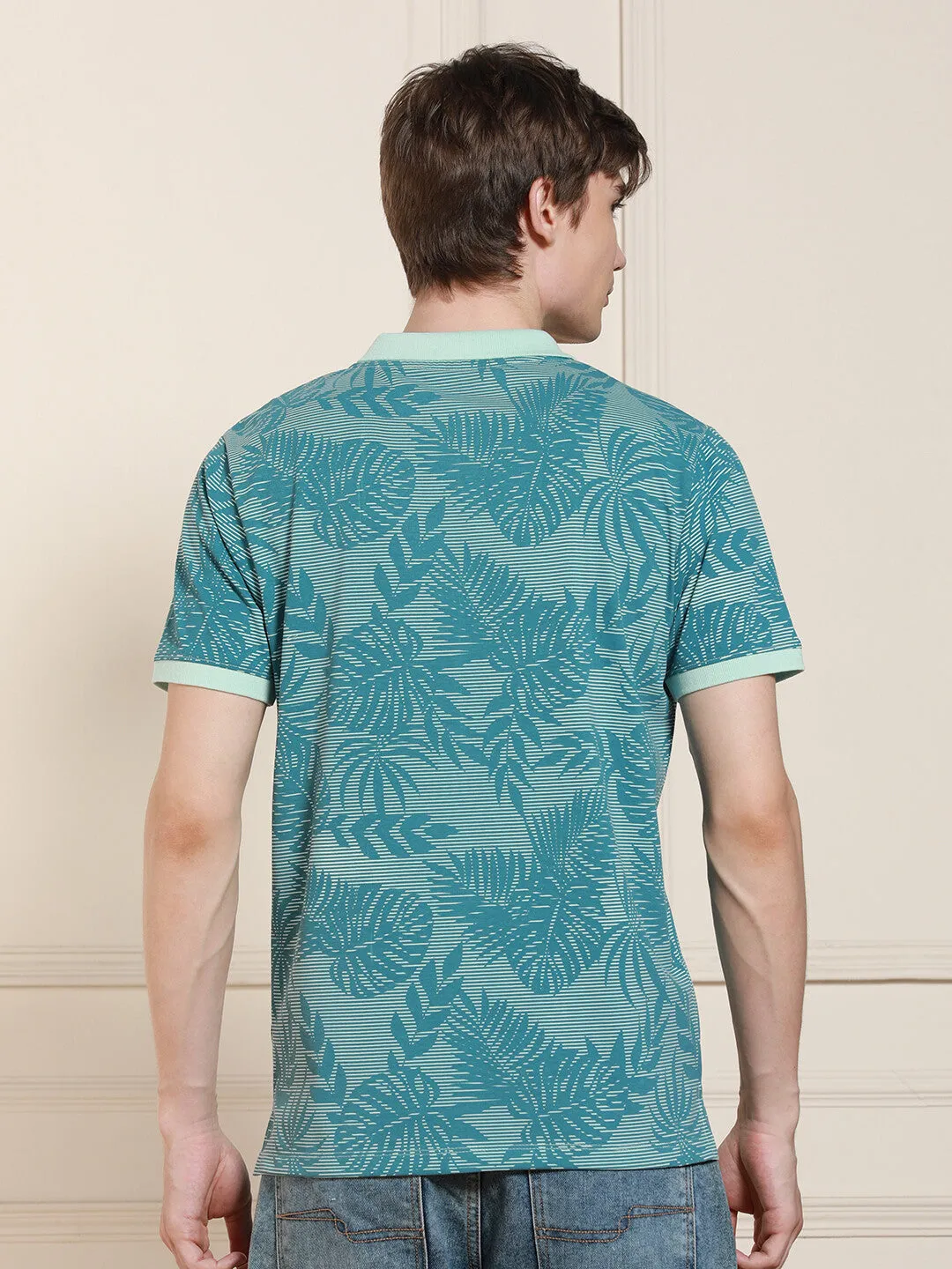 Men's Light Blue Printed  Polo Collar Half Sleeves Casual T-Shirt