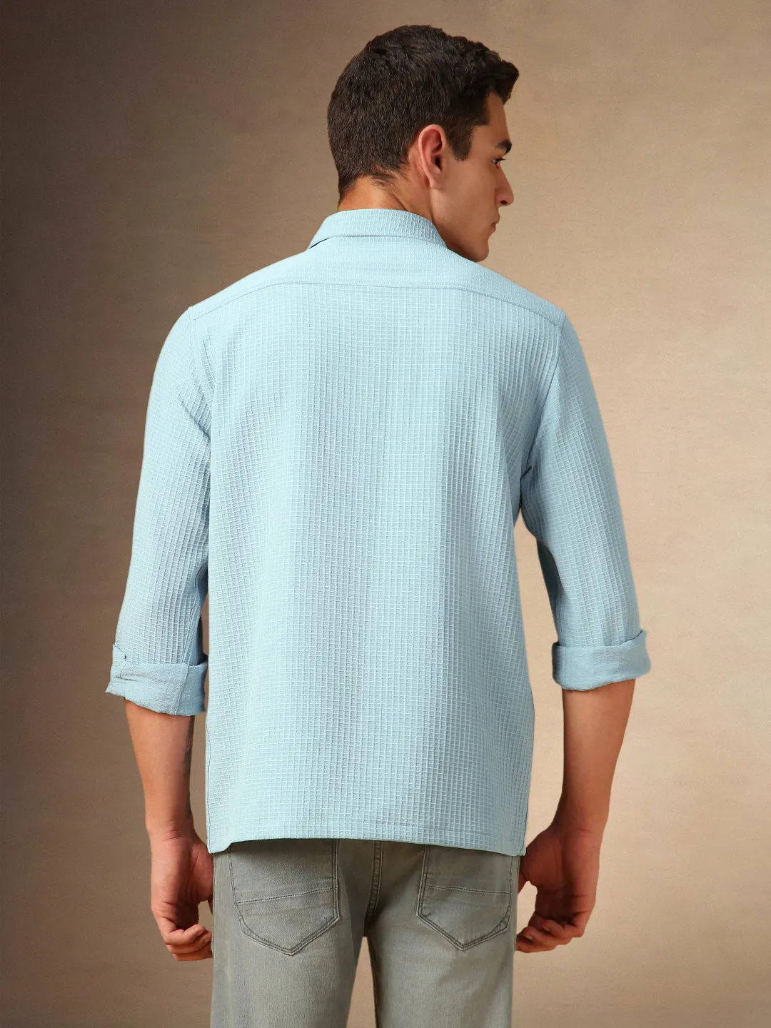 Men's Light Blue Textured Spread Collar Full Sleeves Casual Shirt