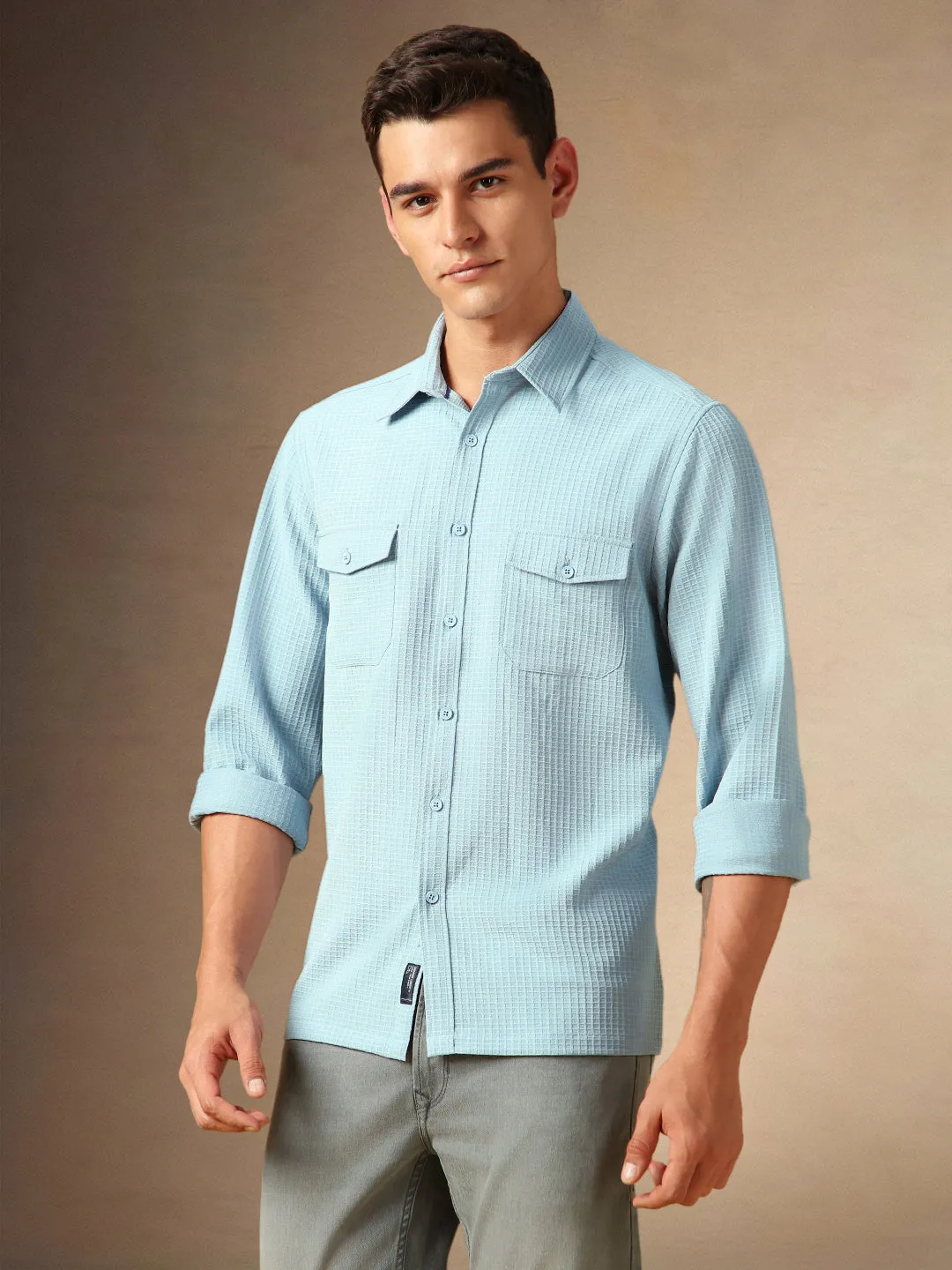 Men's Light Blue Textured Spread Collar Full Sleeves Casual Shirt