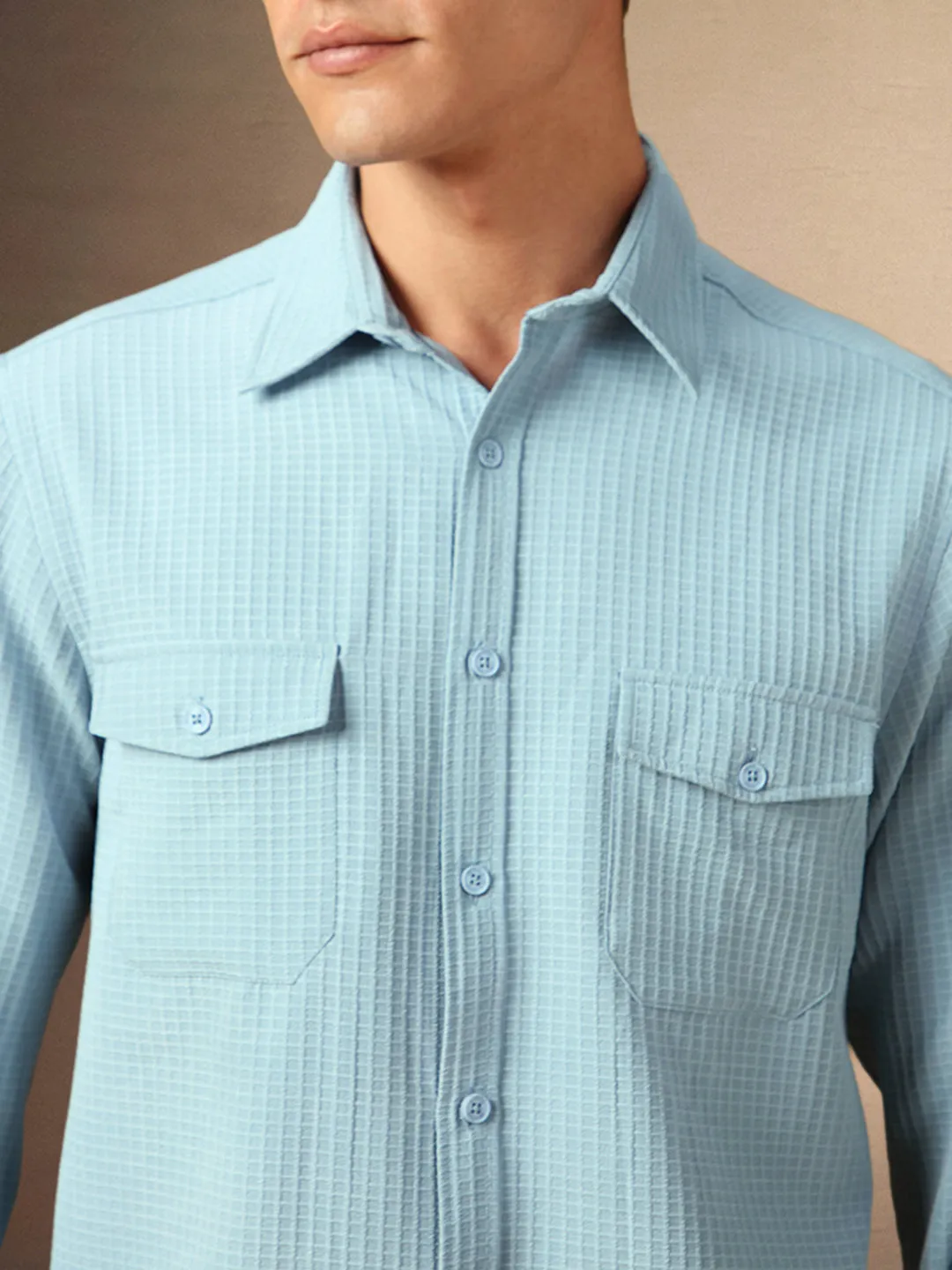 Men's Light Blue Textured Spread Collar Full Sleeves Casual Shirt