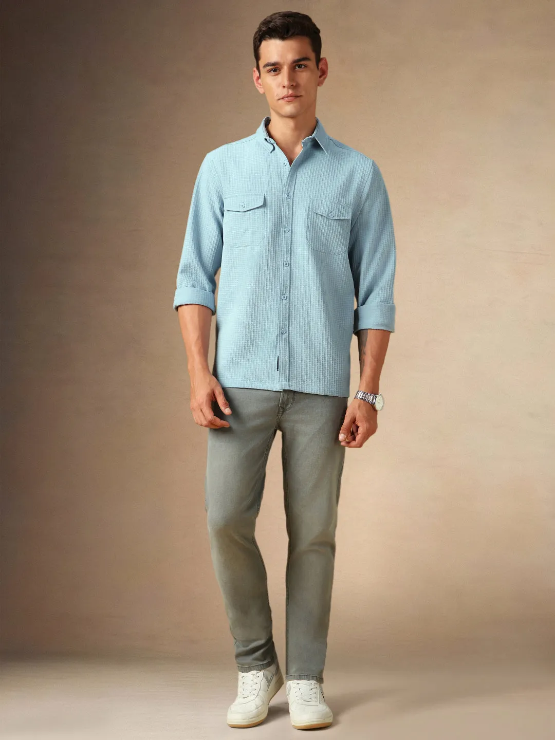 Men's Light Blue Textured Spread Collar Full Sleeves Casual Shirt