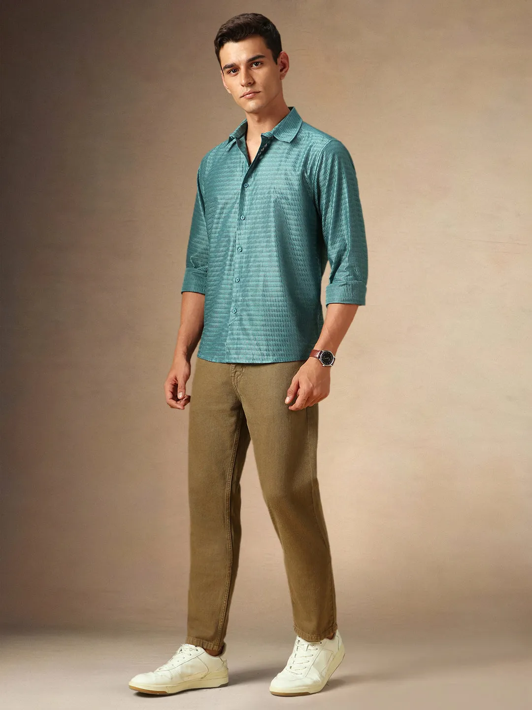 Men's Mineral Blue Textured Spread Collar Full Sleeves Casual Shirt