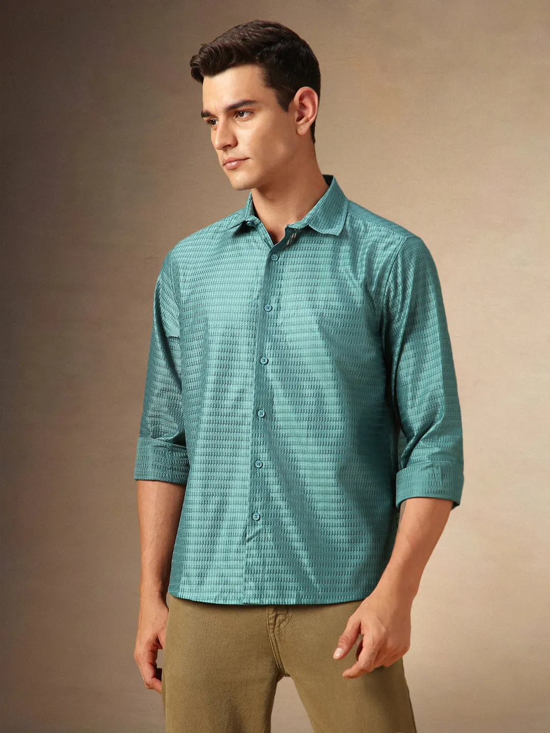 Men's Mineral Blue Textured Spread Collar Full Sleeves Casual Shirt
