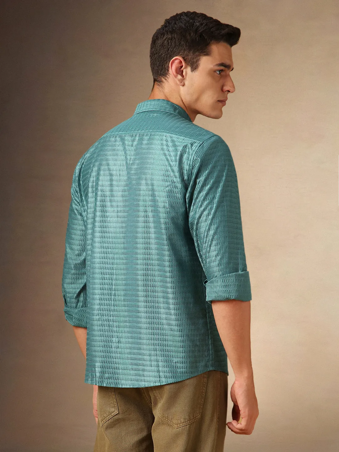 Men's Mineral Blue Textured Spread Collar Full Sleeves Casual Shirt