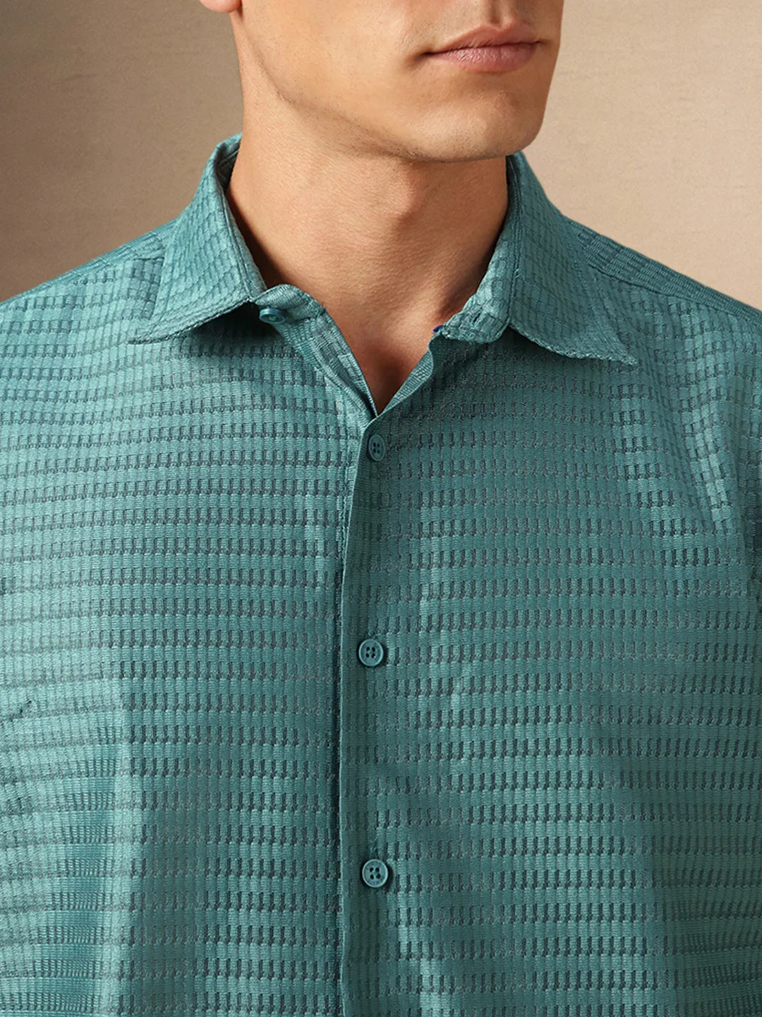Men's Mineral Blue Textured Spread Collar Full Sleeves Casual Shirt