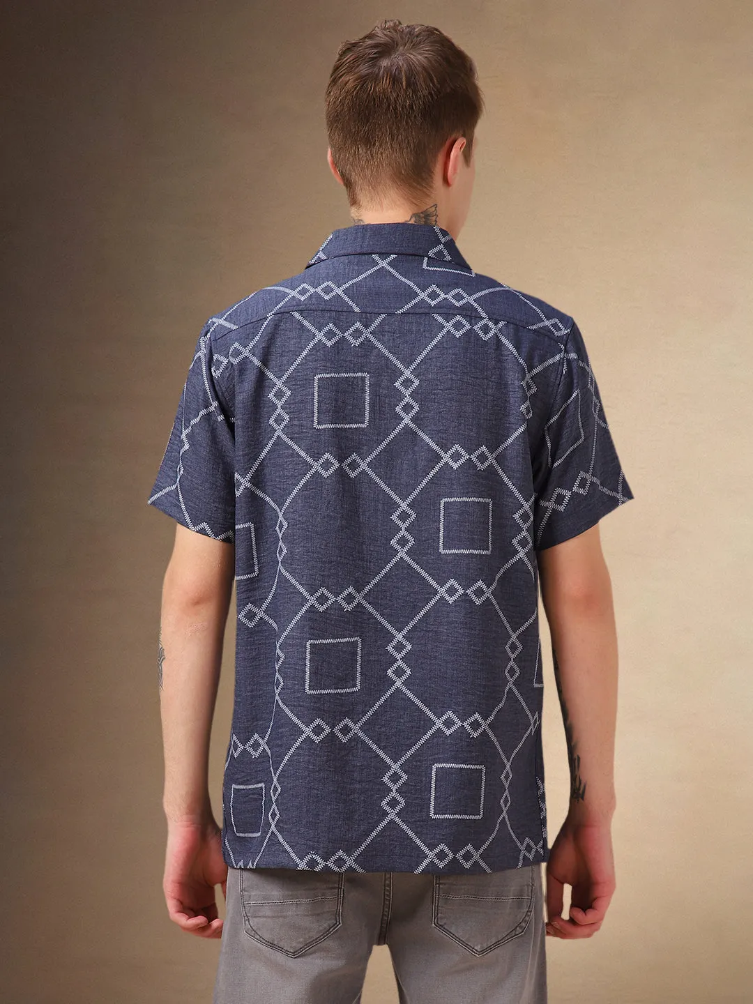 Men's Navy Blue Printed Cuban collar Half Sleeves Shirt