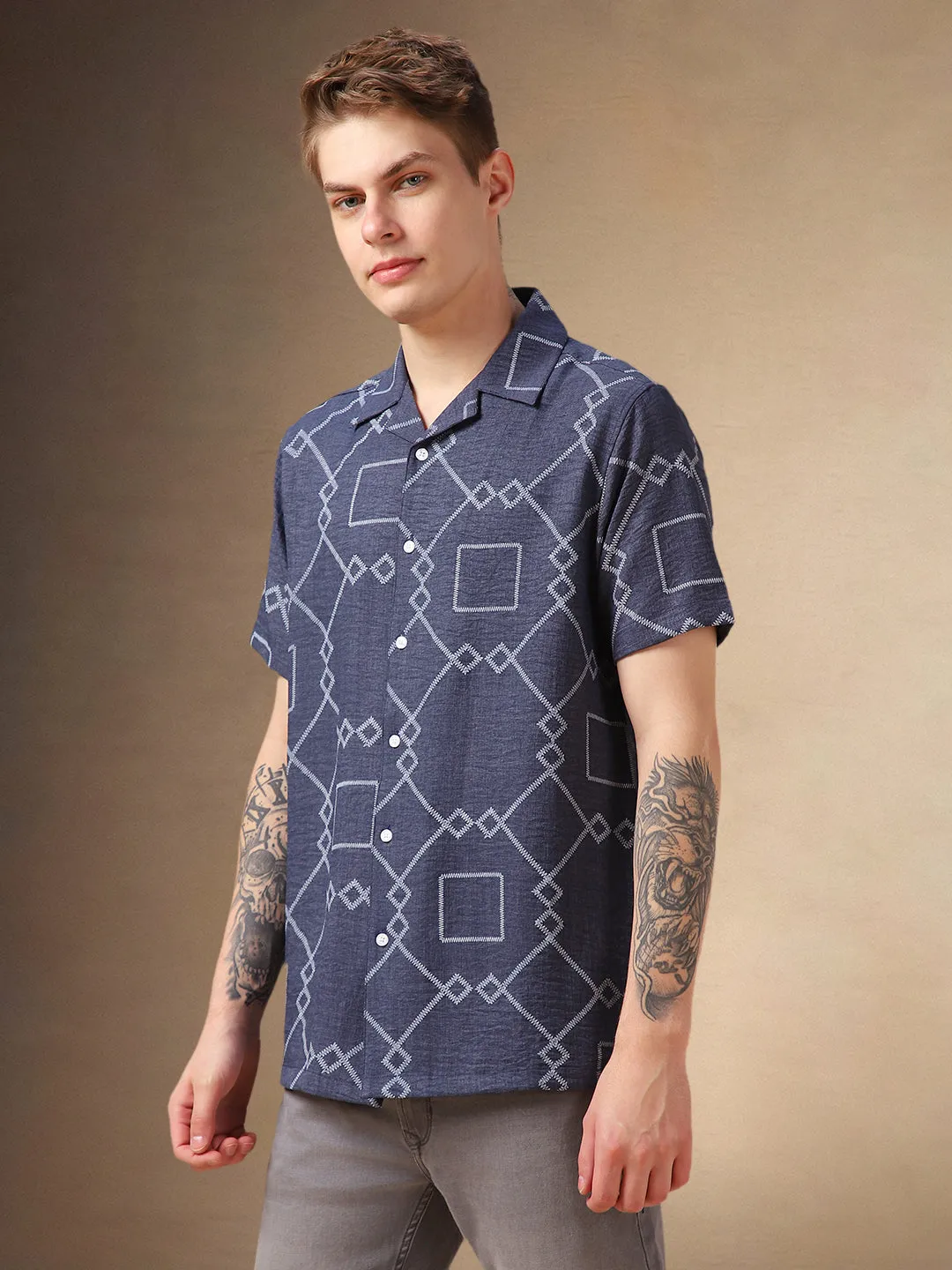 Men's Navy Blue Printed Cuban collar Half Sleeves Shirt