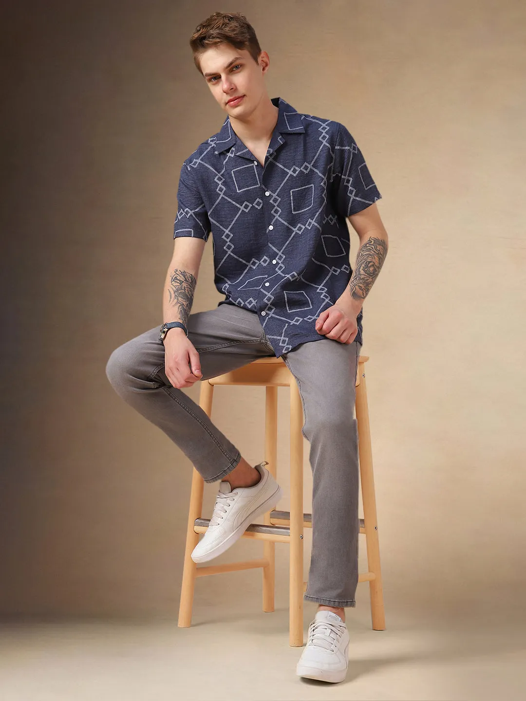 Men's Navy Blue Printed Cuban collar Half Sleeves Shirt