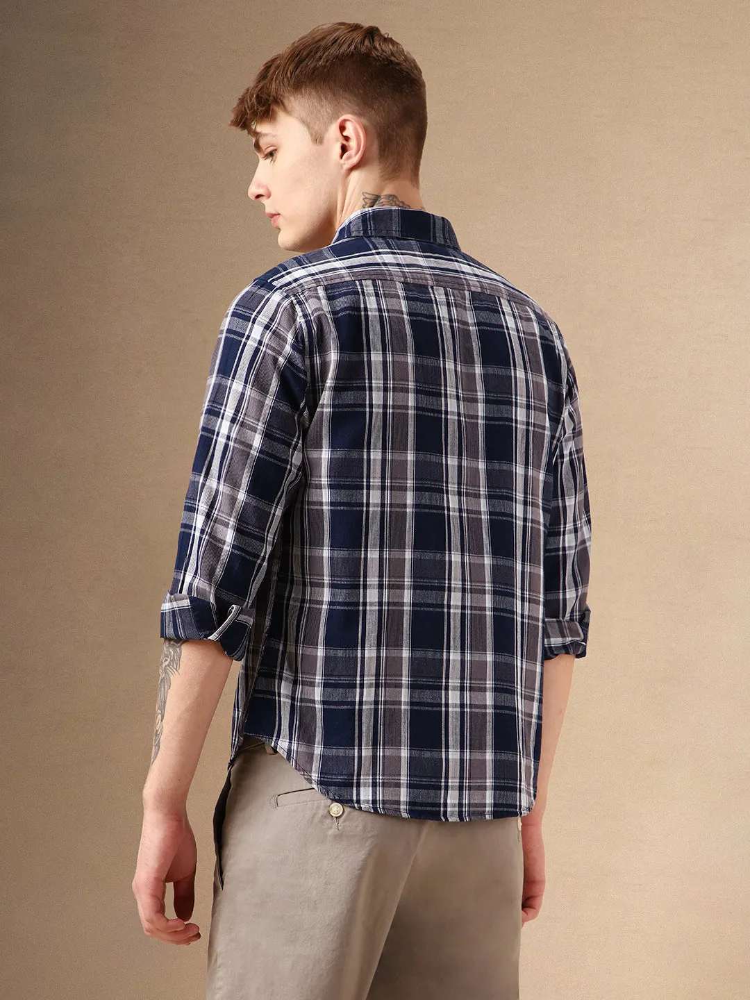 Men's Navy Checks Spread Collar Full Sleeves 100% Cotton Casual Shirt
