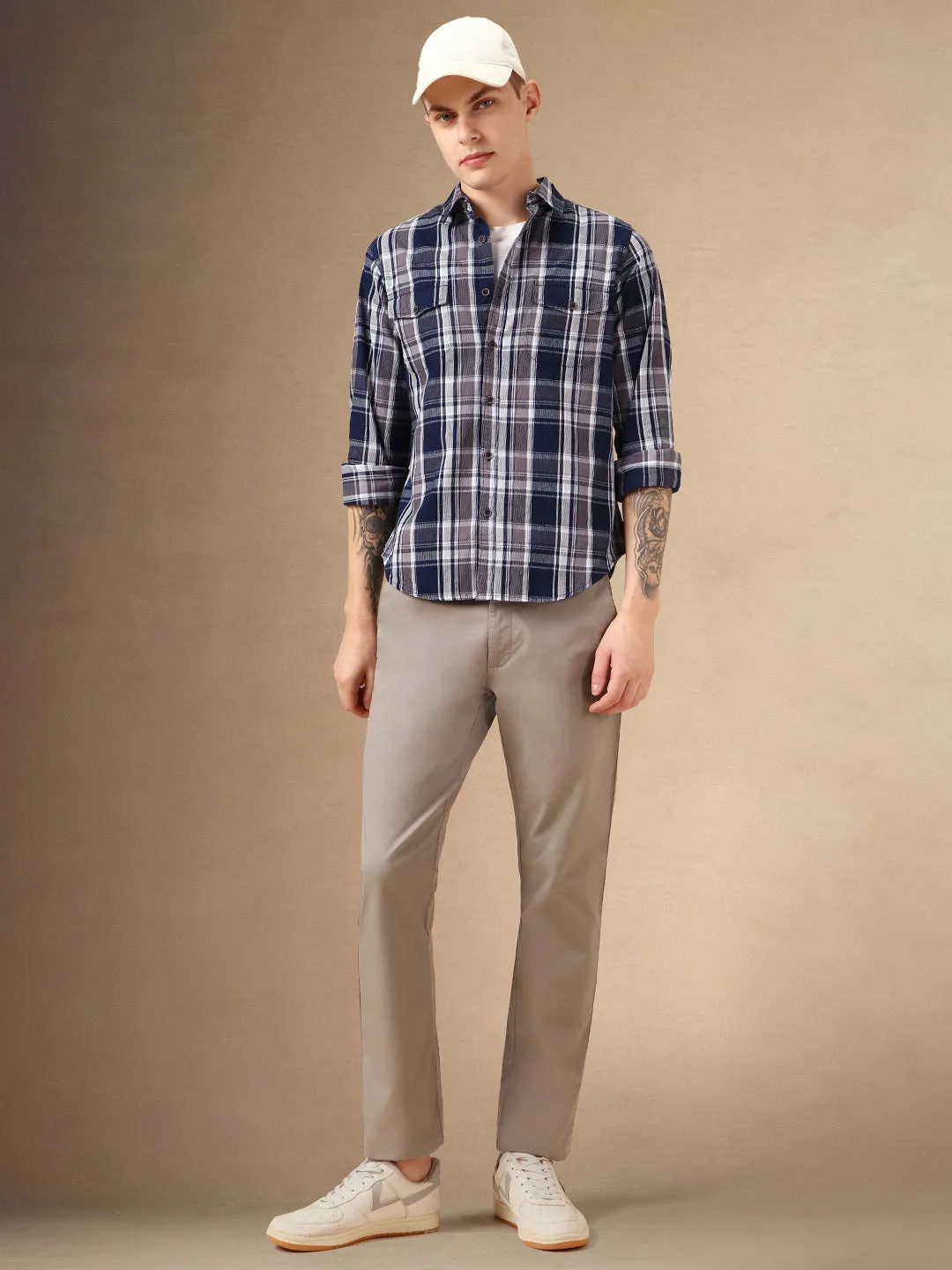 Men's Navy Checks Spread Collar Full Sleeves 100% Cotton Casual Shirt