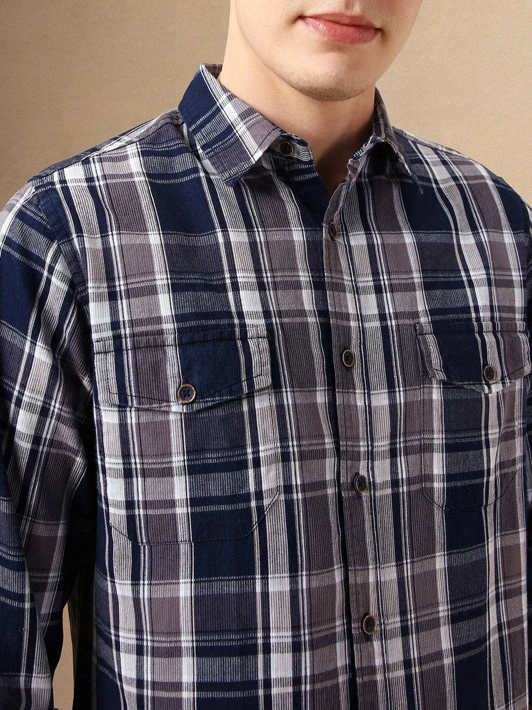 Men's Navy Checks Spread Collar Full Sleeves 100% Cotton Casual Shirt