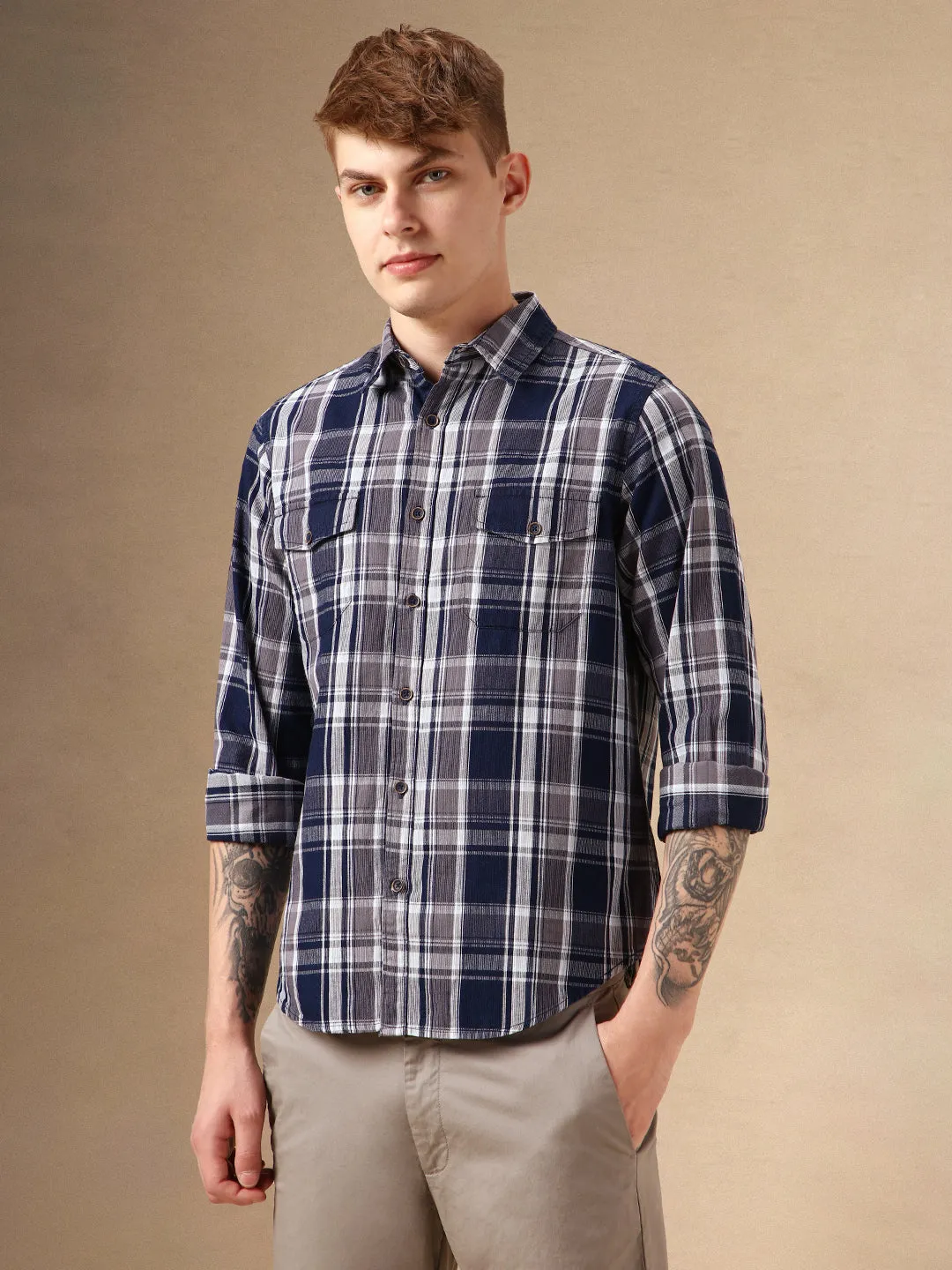 Men's Navy Checks Spread Collar Full Sleeves 100% Cotton Casual Shirt