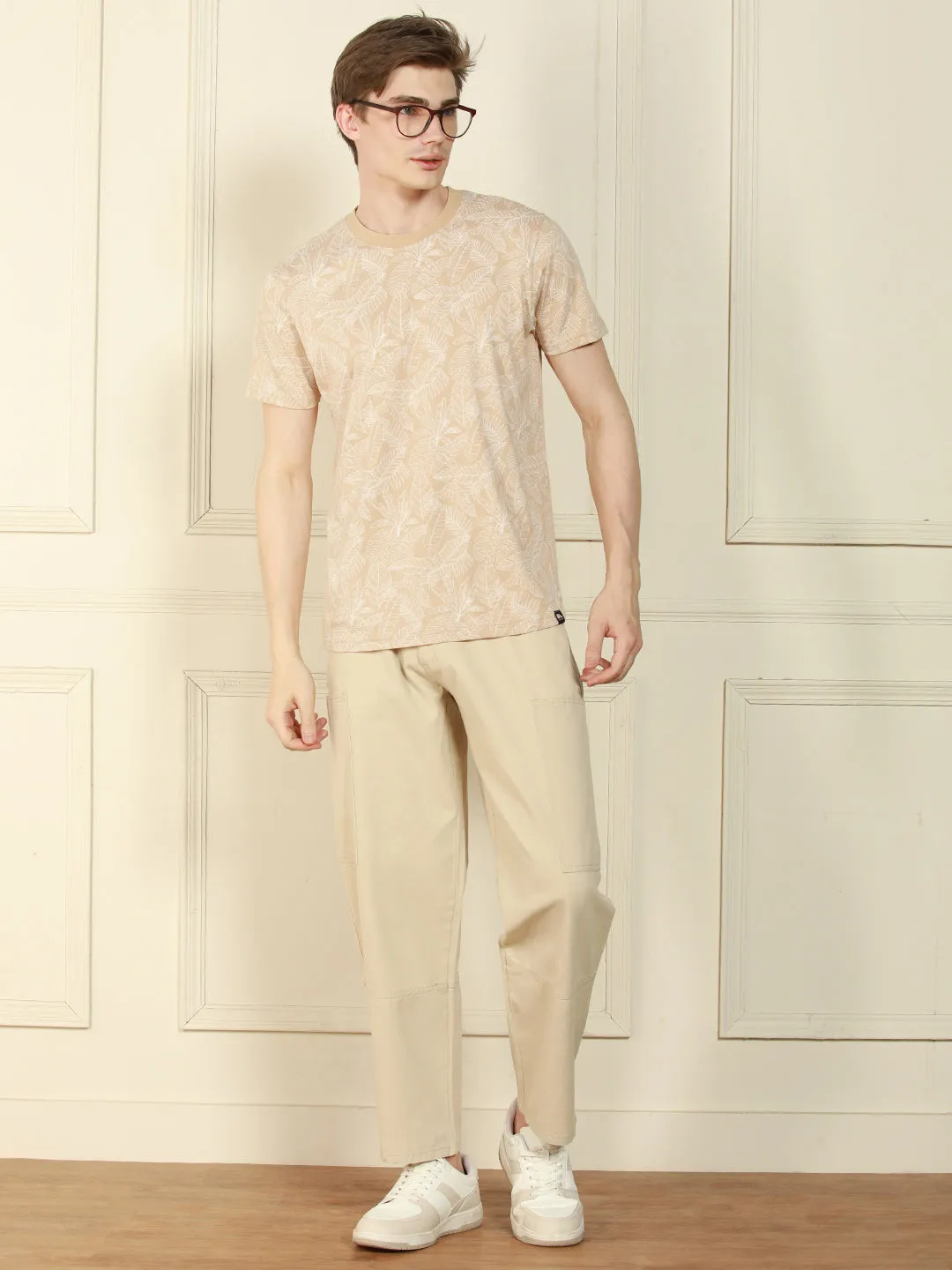 Men's Off-White Round Neck Printed Cotton T-Shirt