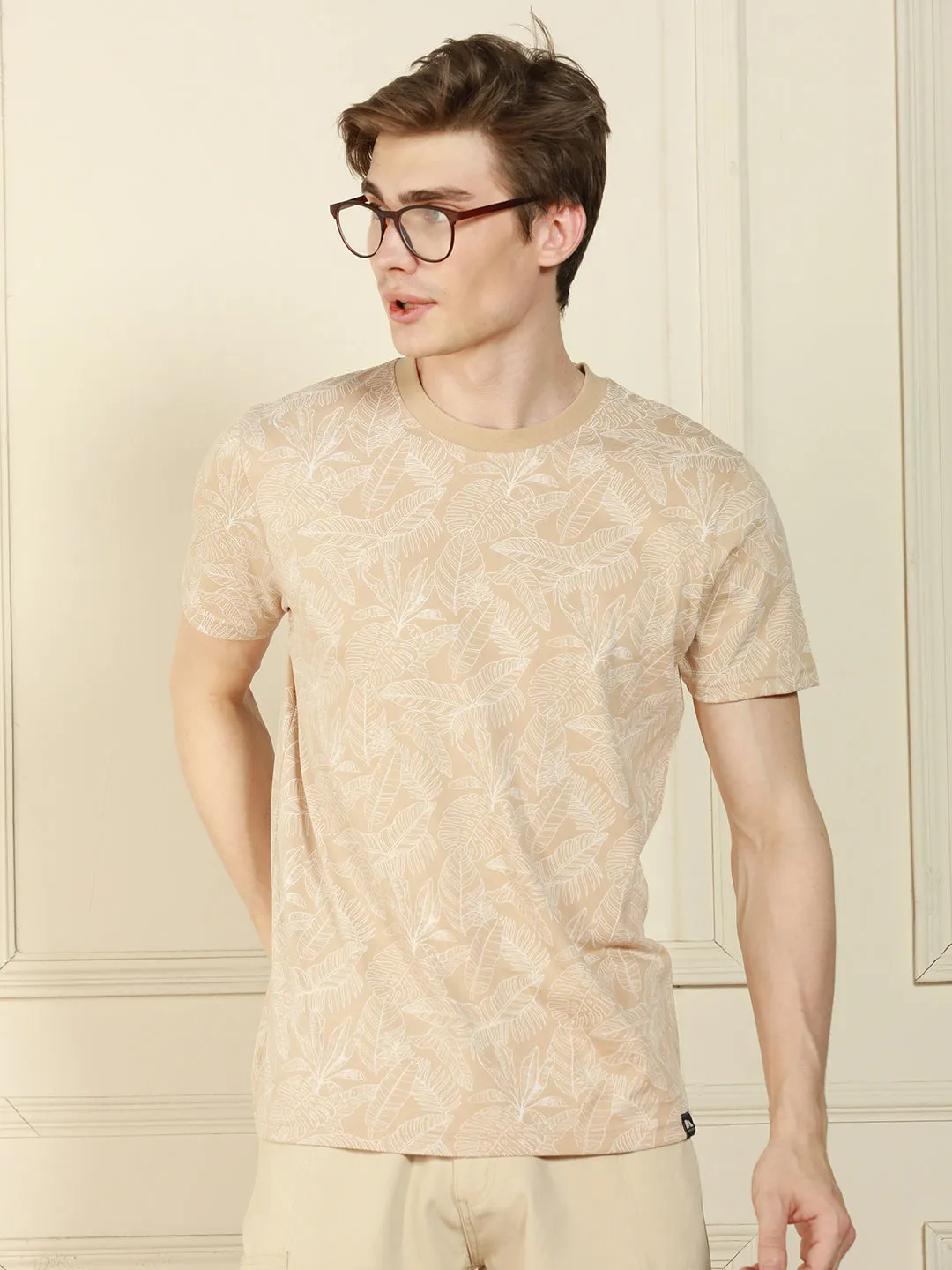Men's Off-White Round Neck Printed Cotton T-Shirt
