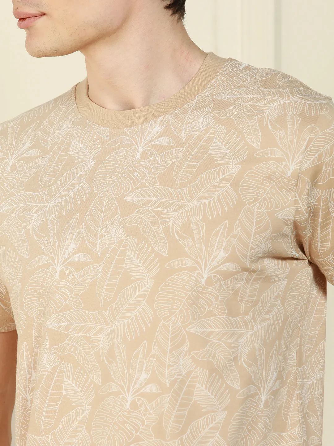 Men's Off-White Round Neck Printed Cotton T-Shirt