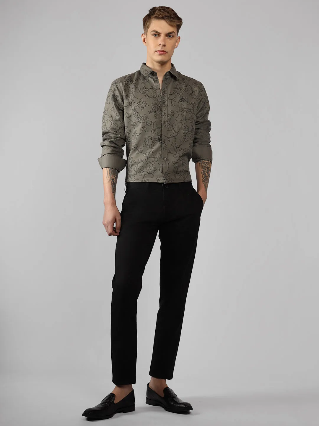 Men's Olive Printed Spread Collar Full Sleeve Regular Fit Shirt