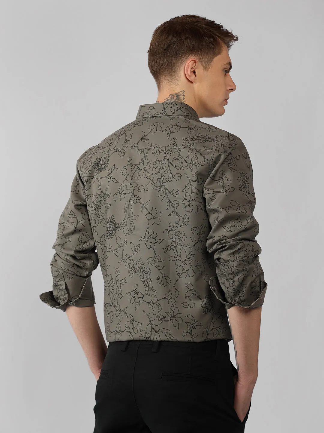 Men's Olive Printed Spread Collar Full Sleeve Regular Fit Shirt