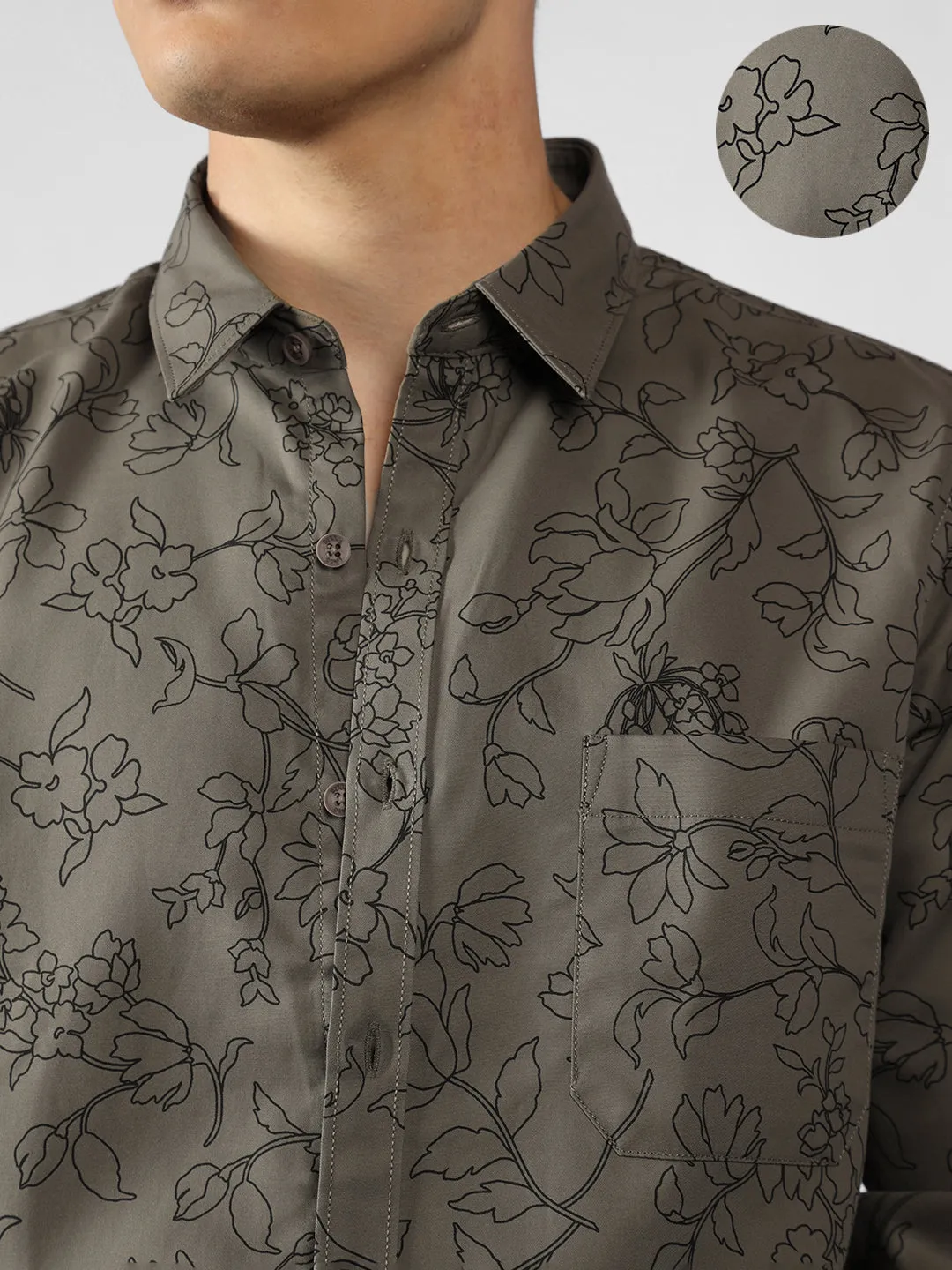 Men's Olive Printed Spread Collar Full Sleeve Regular Fit Shirt