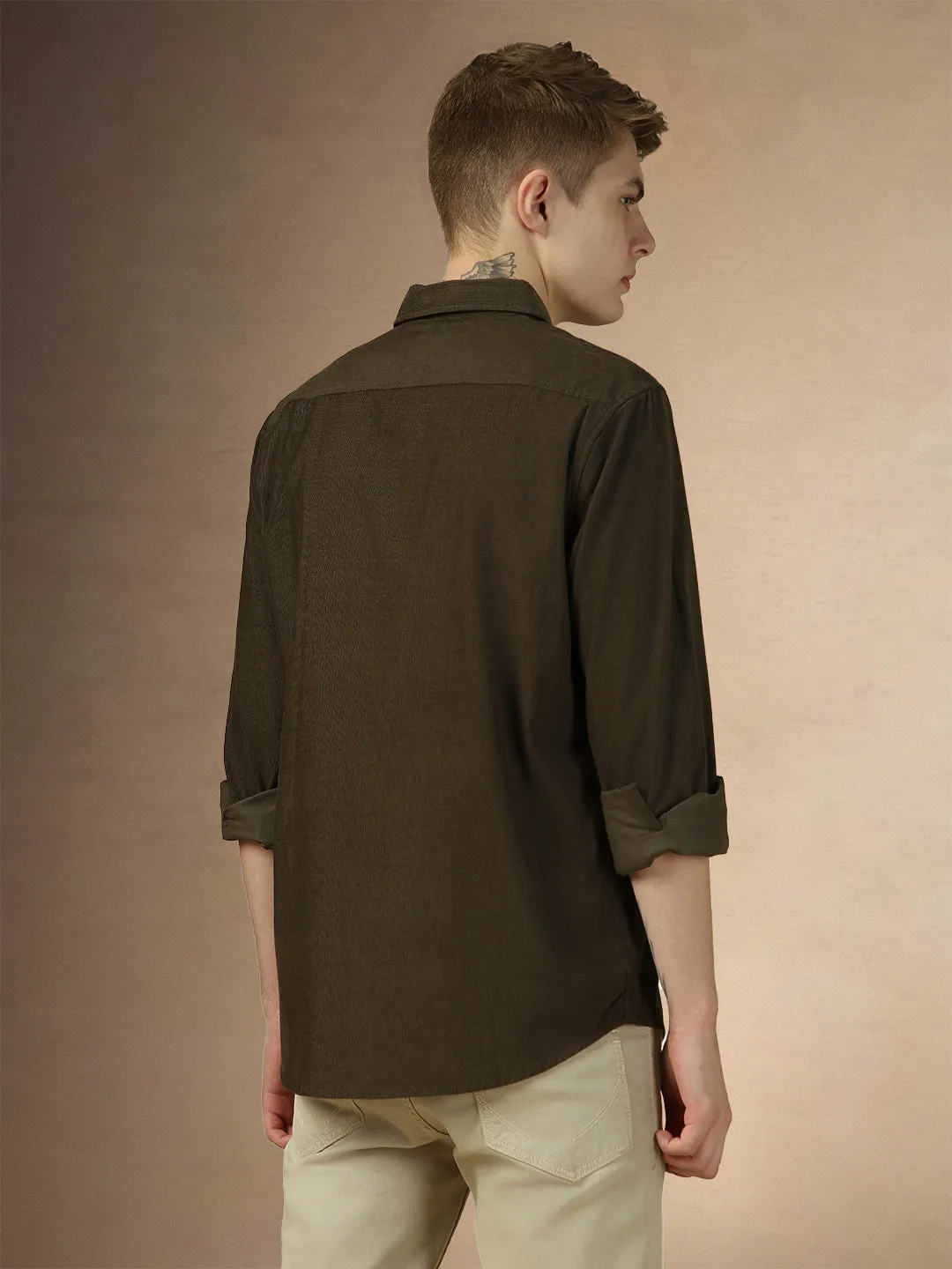 Men's Olive Solid Button Down Collar Full Sleeves Relaxed Fit Corduroy Shirt