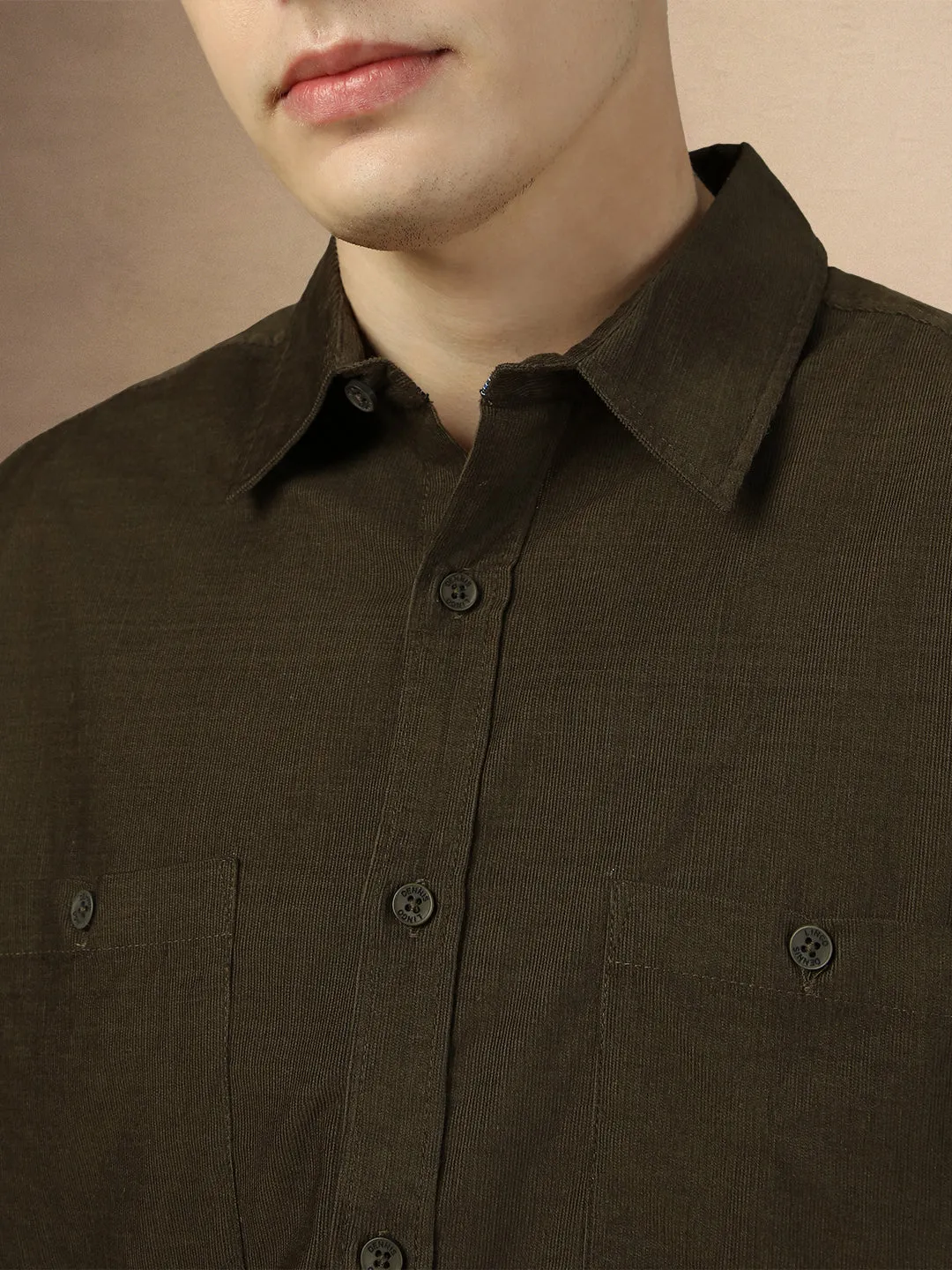 Men's Olive Solid Button Down Collar Full Sleeves Relaxed Fit Corduroy Shirt
